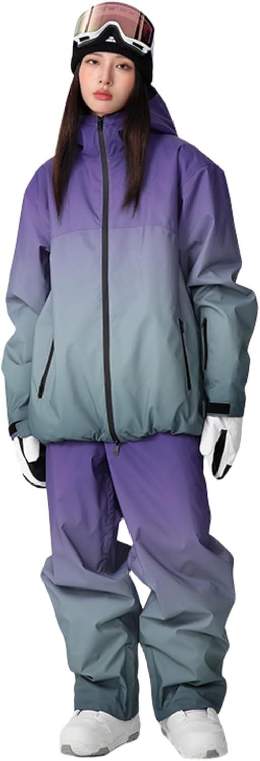 Gradient Color Snowboard Suits Men Women Insulated Baggy Hooded Snow Jackets & Pants Set Waterproof Skiing Suits