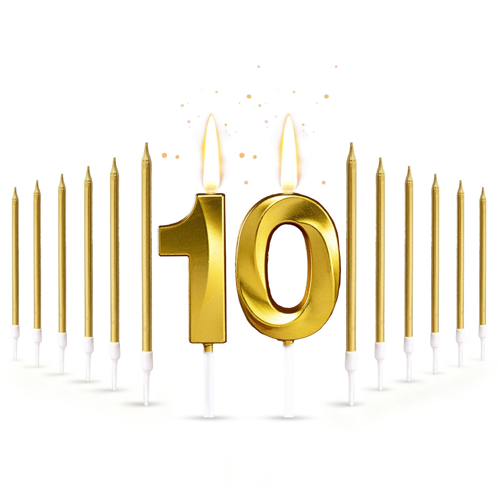 14PCS Gold Candle Cake Decorations, 10th Birthday Candles, Number 10 Candle, 3D Shape Gold Candles, Cake Topper Decorative for Anniversary, Wedding, Graduation Parties, Birthday Party