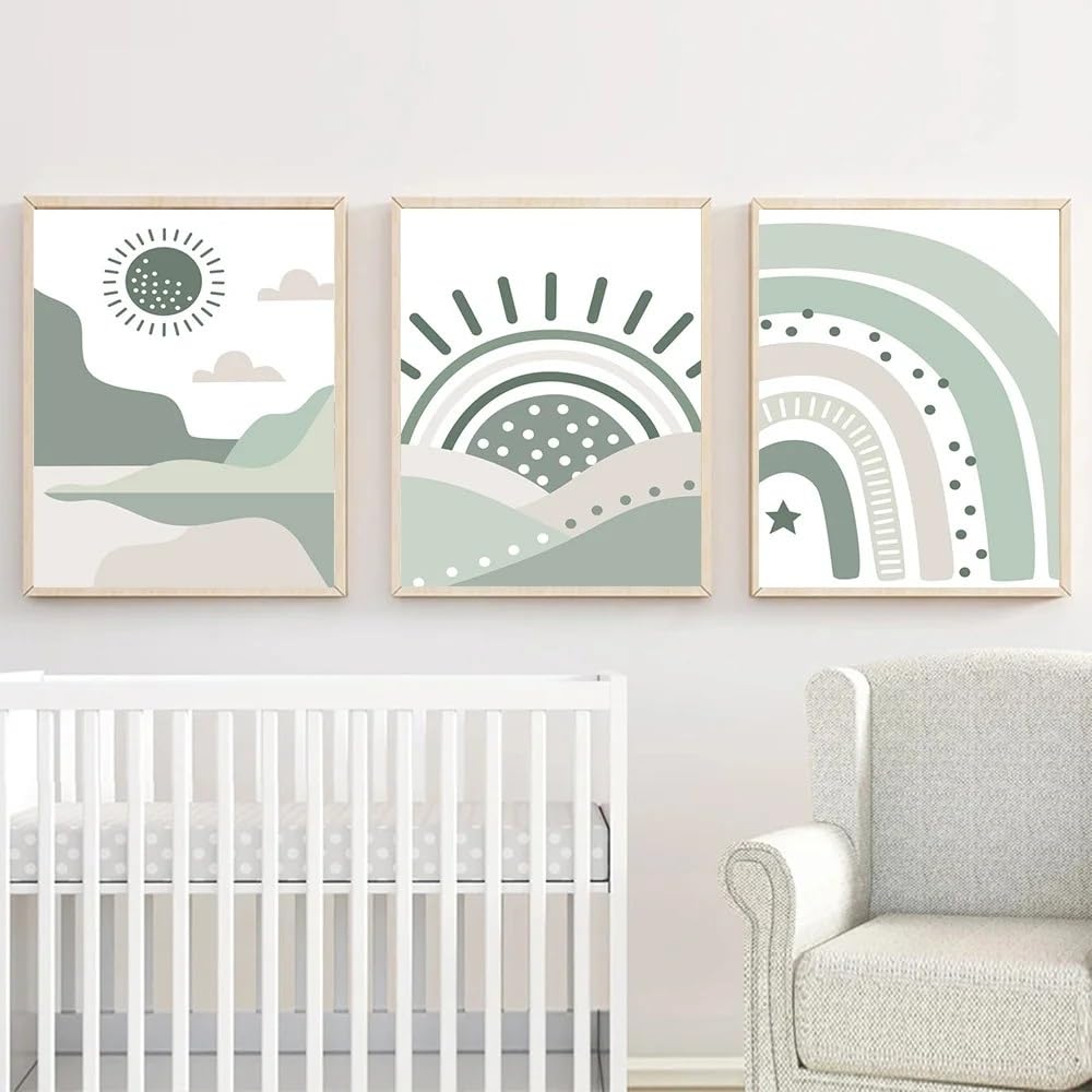 WUHBCZ Wall Posters-Abstract Wall Art Green Rainbow Sun Mountain Range Posters Prints Nordic Canvas Painting Pictures Living Room Kitchen Office Home Decor-40 * 50cm/3PCS (No Frame)