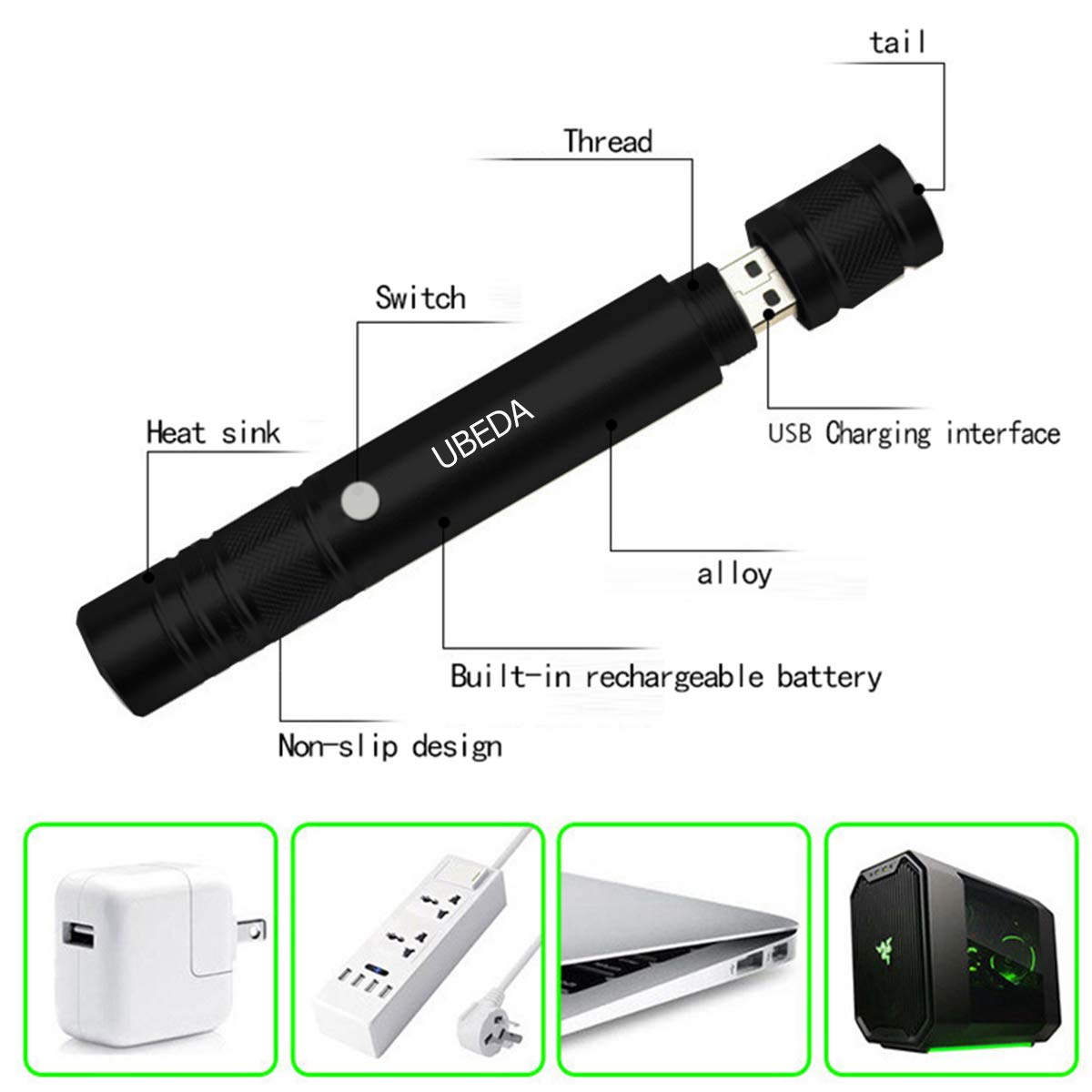 USB Rechargeable Portable Mini Flashlight Long Distance Bright Beam Outdoor Flashlight - 4