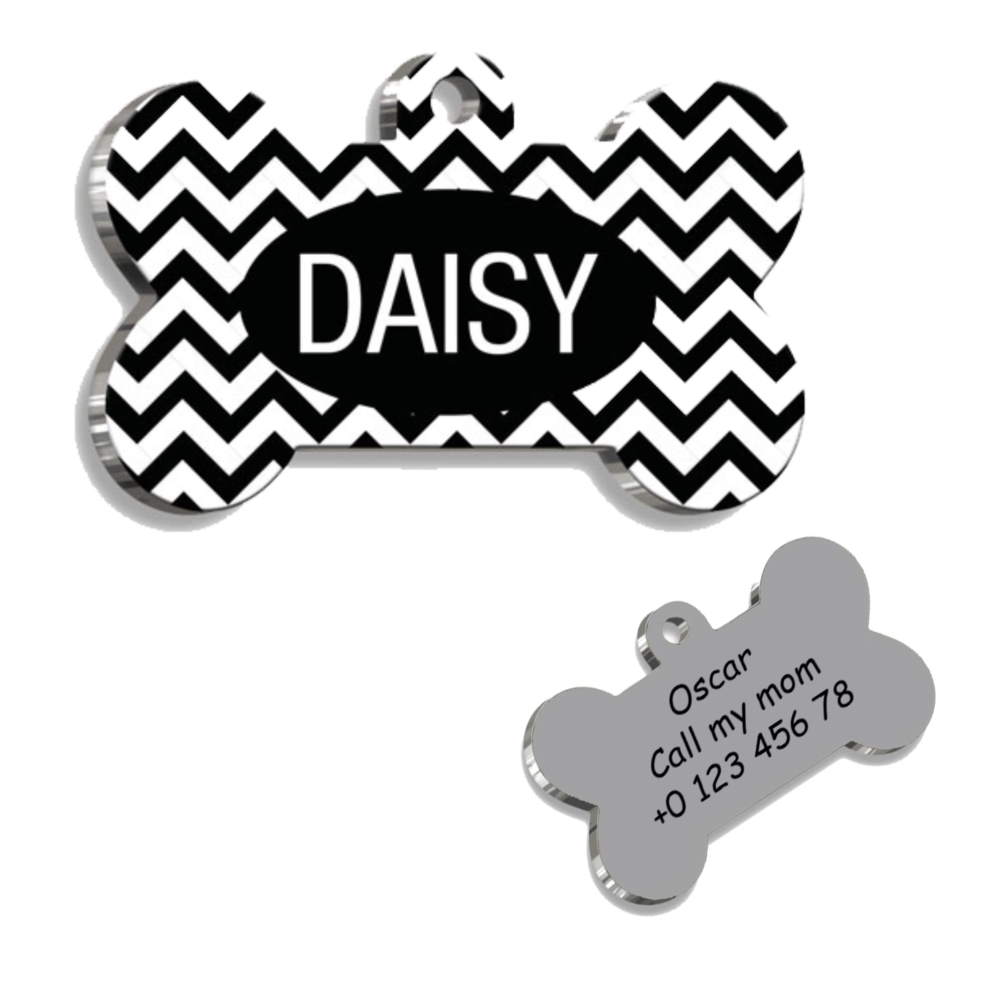 Black White ZigZag Bone Personalized Dog Tag - Custom Name Tag - ID Tag for Dog & Cat - Customized Pet Tags - Dog Name Tag - Cat Name Tag - Engraved Dog Tag