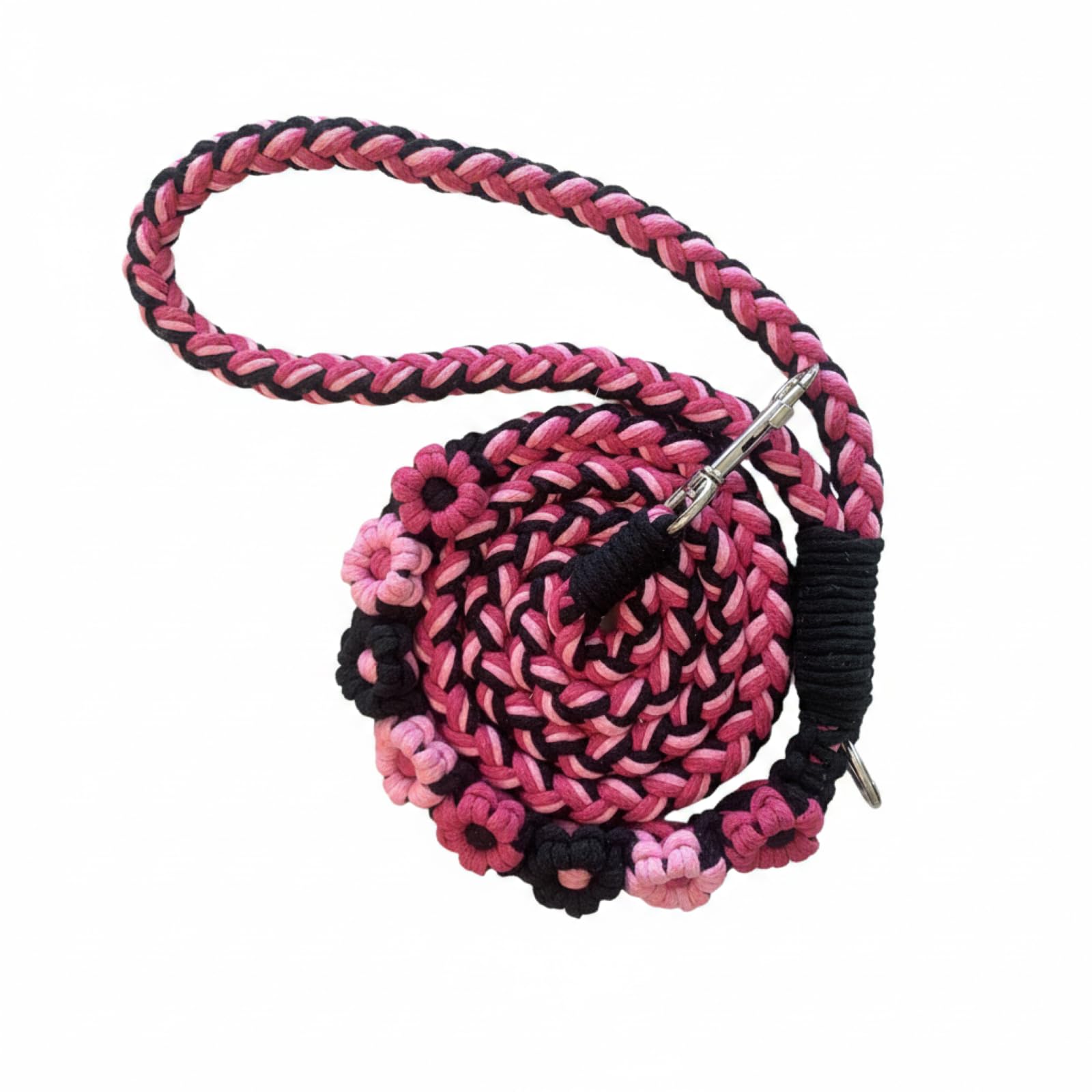 Hand Woven Cotton Dog Lead, Soft Braided Rope Leash with Floral Design, for Small & Medium Dogs, Ideal for Walks, Training & Photo Shoots (Black & Pink, 150cm)