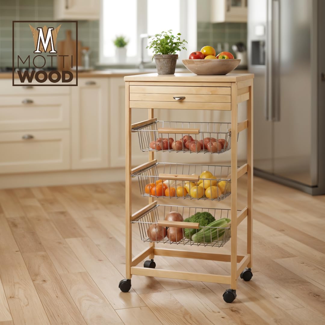 Mottiwood Carrello da Cucina in Legno, Ruote Girevoli, Legno di Faggio, 3 Cassetti Salvaspazio, Dimensiono: L 45.5 x H 87.5 x P 36.5 cm