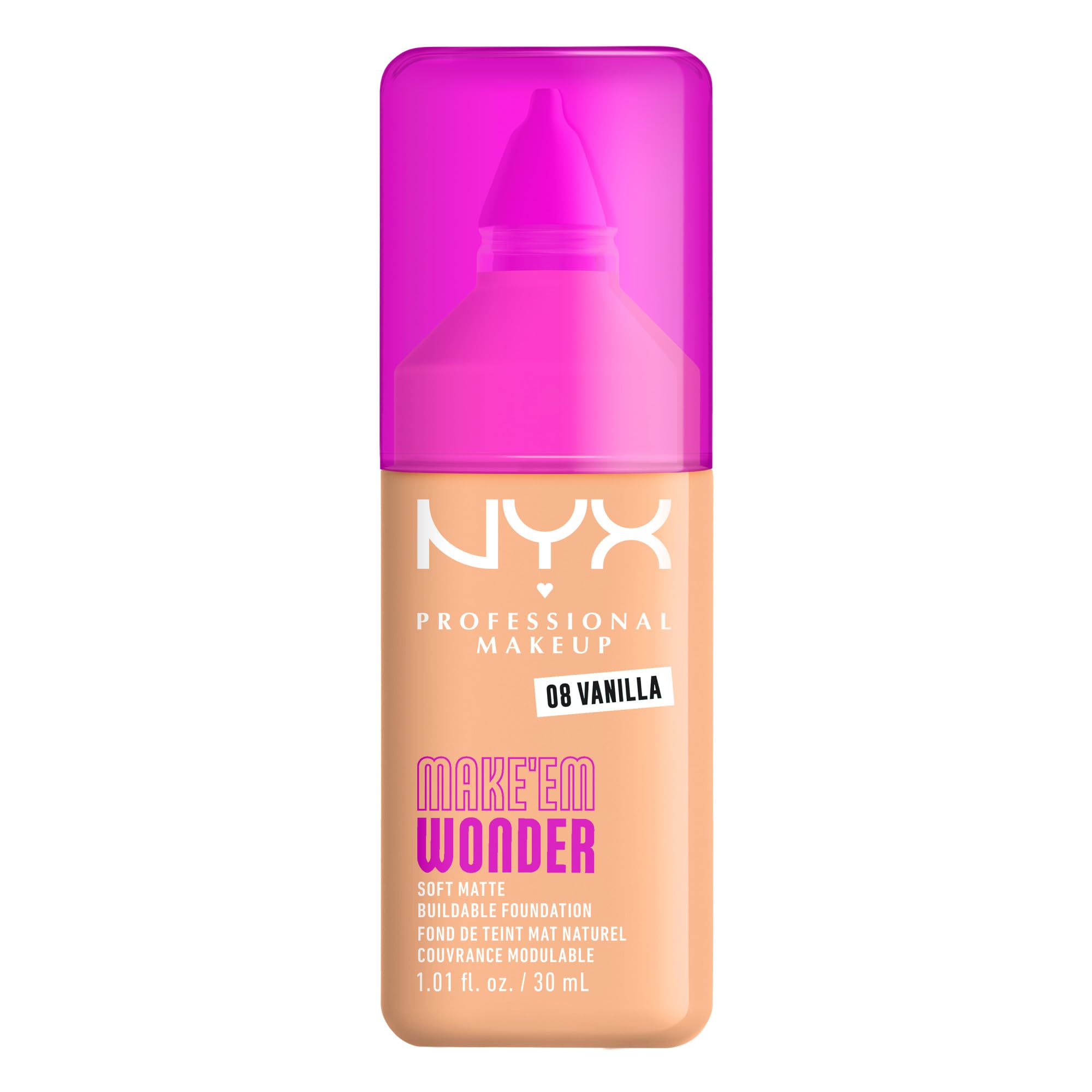 NYX Professional Makeup Make 'Em Wonder Foundation, 24H Soft Matte Foundation with Vitamin C and Hyaluronic Acid, Buildable Coverage, Shade: Vanilla