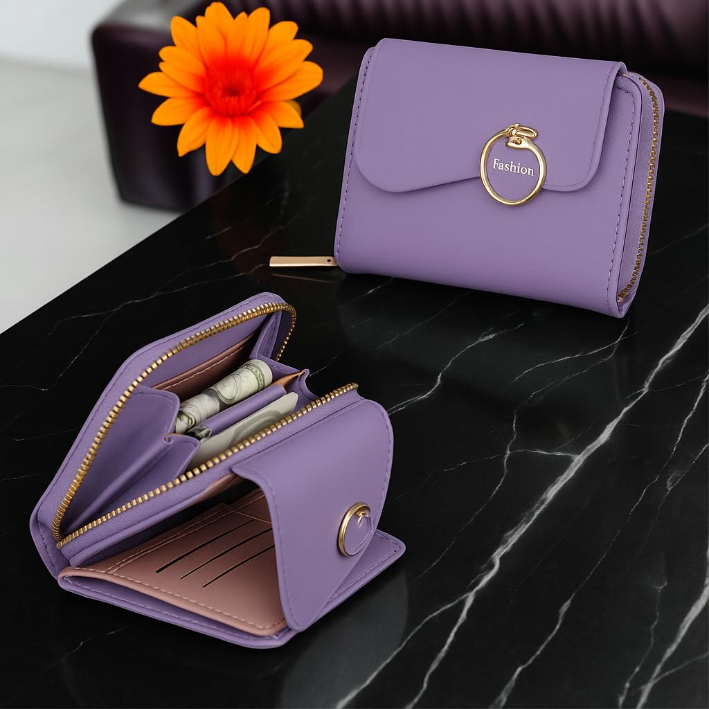 PRANIJ Small Leather Bifold Wallet for Women Fashion Compact Slim Credit Card Holder with Zipper Coin Pocket, Mini Clutch Purse for Girls (Pale Purple) 4