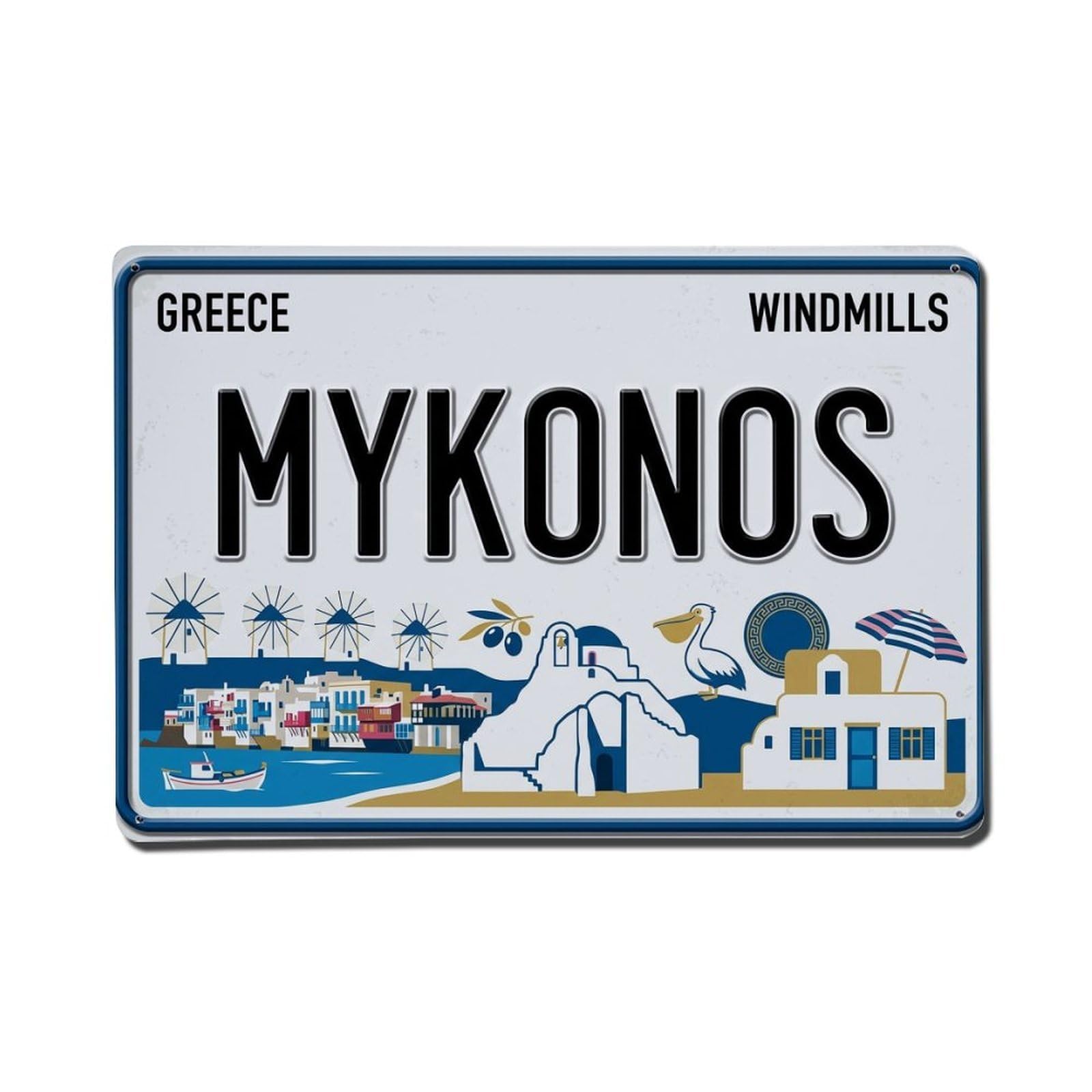Vintage Travel Mykonos Greece Windmills Beach Metal Tin Sign