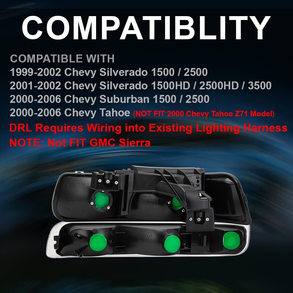 LED DRL Headlight Assembly Compatible with Chevy Silverado 1999-2002, Bumper Headlamps Smoky lens Black Housing Clear Reflector 15199559 15199558 16526133 GM2521173