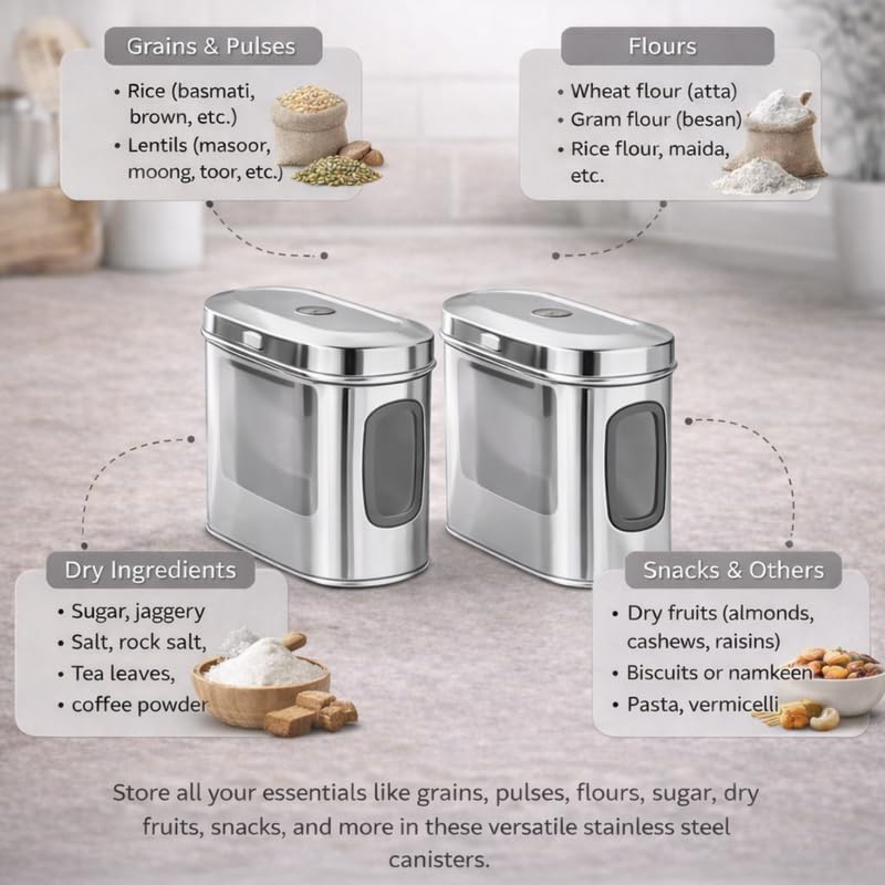 Image of Stainless Steel Capsule Food Canisters /Jars /Containers for Kitchen Storage with See Through Window - set of 2, 1850 ml capacity, 10 cm Diameter, Silver