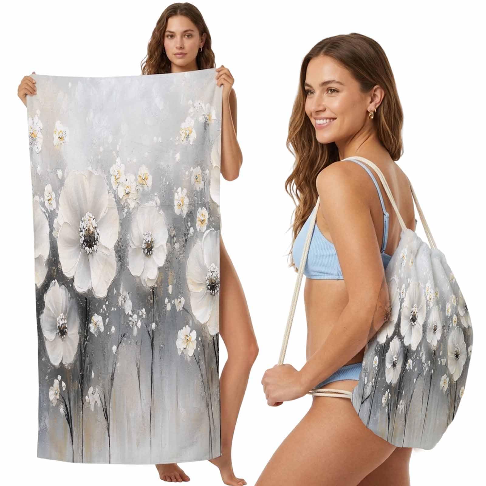 FWJZDSP Beach Towel Backpack Convertible White Flowers Sand Free Quick Dry Towel Bag Ombre Yellow Painting Beach Towel with Adjustable Straps for Travel Swimming Pool Beach Accessories 31.5x63in