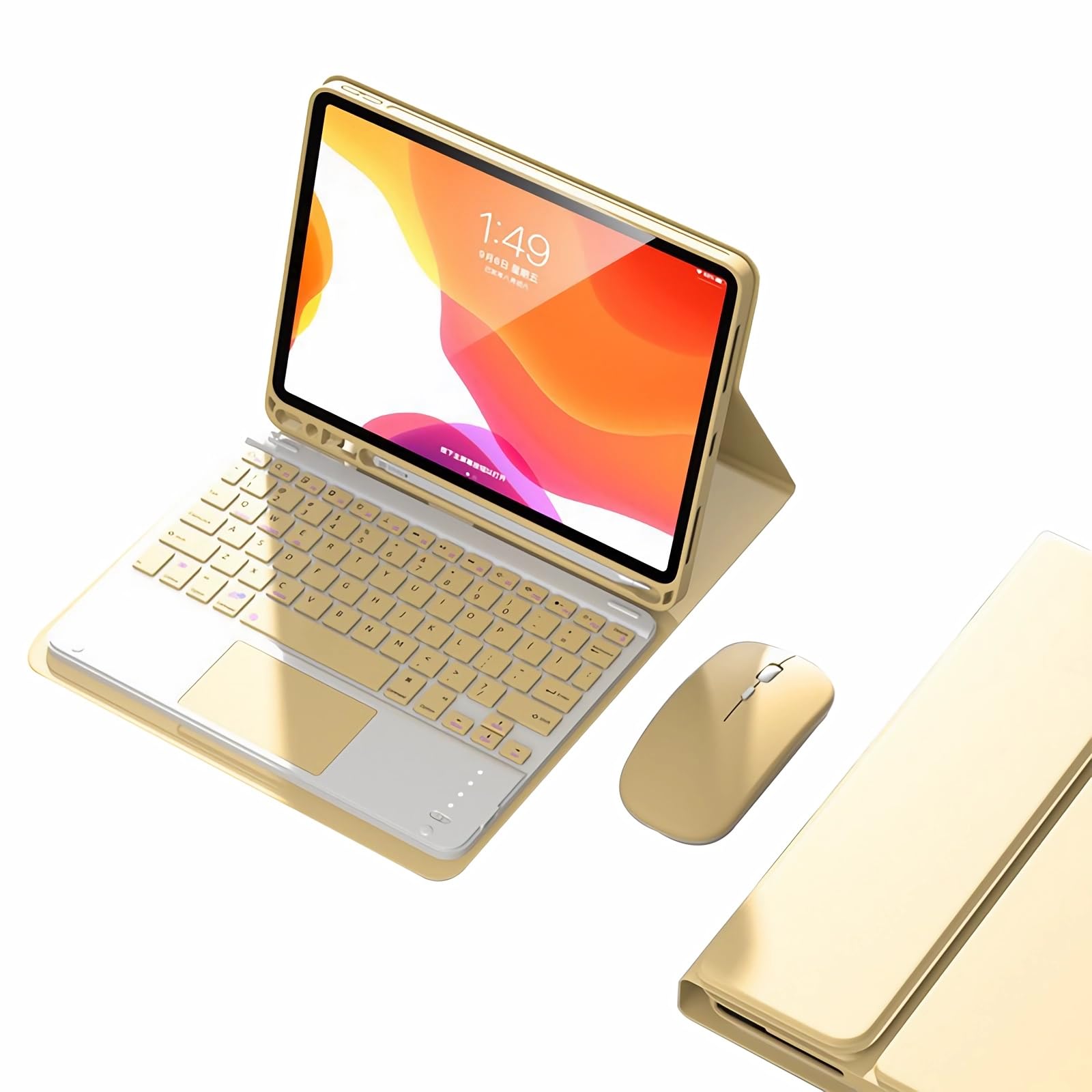 Funda con Teclado para iPad 9ª/8ª/7ª Gen 10,2"/Air 3ª Gen/Pro 10,5, Contiene Ñ, Teclado Inalámbrico Magnético Desmontable, Funda Protectora Ultradelgada con Ratón Bluetooth,Amarillo