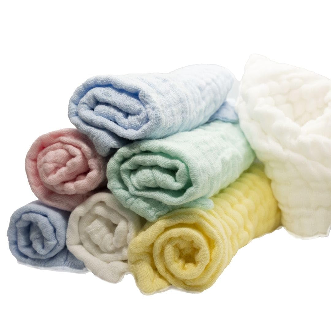 Muslin Baby Washcloths Pack of 7 - Soft Face Cloths for Newborn, Absorbent Baby Bath and Face Towels, 100% Cotton Baby Wipes, Burp Cloths, Feeding Towels for Babies and Infants - 10 x 10’’