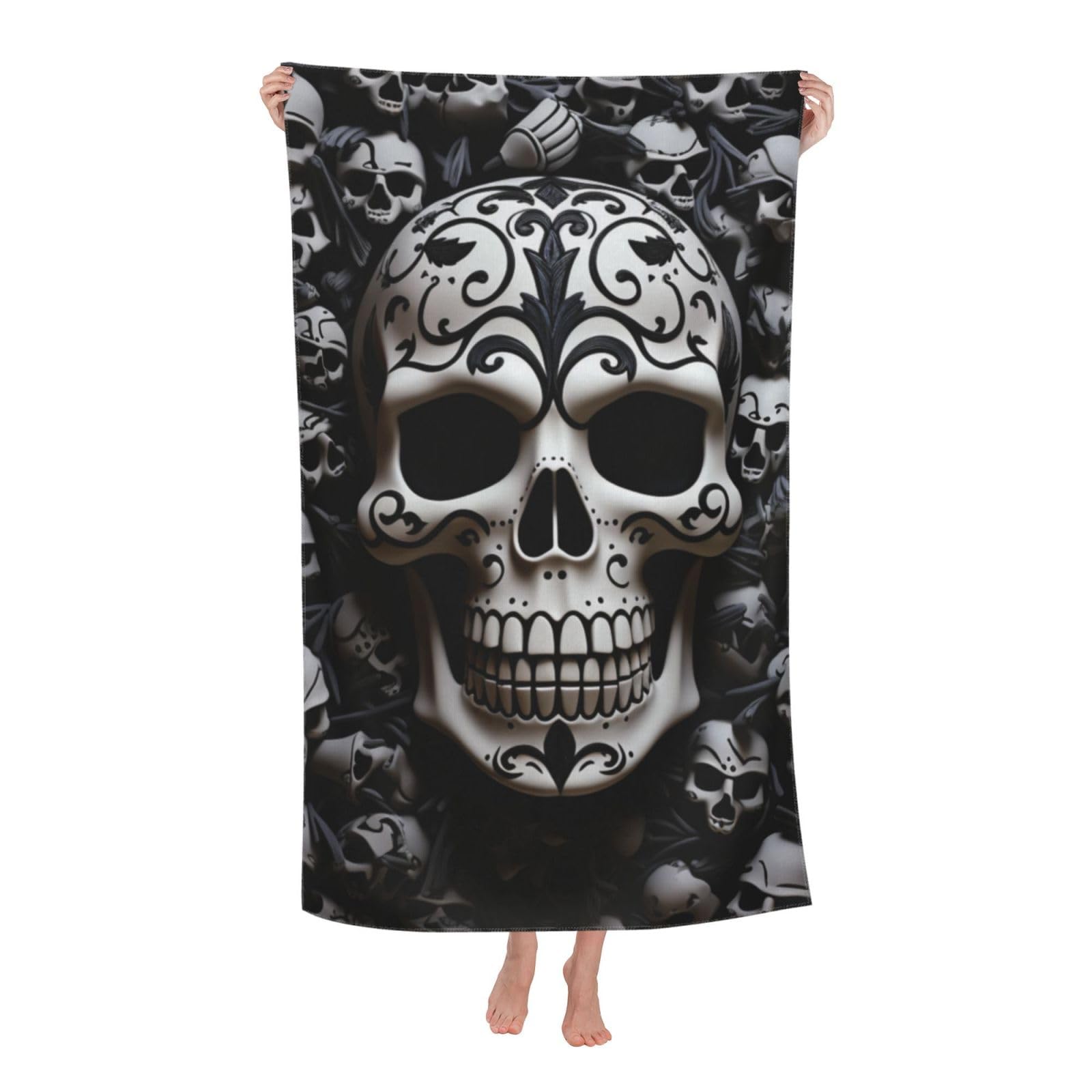FodPand Black and White Skulls Beach Towel Oversized 52 x 32 in Sand Free Pool Swim Towels for Adult Travel Blanket Lightweight Quick Dry Absorbent Bath Towels Cruise Vacation Accessories