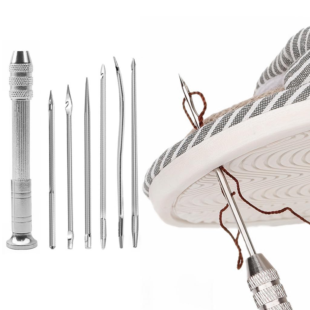 DRAWBRIDGE 7Pcs Leather Sewing Awl Needle Set, Shoe Repair Tool Kit, DIY Handmade, Includes 6 Needles (Slender, Medium, Robust), 1 Metal Awl Shaft, Handle, Box Container-image-41