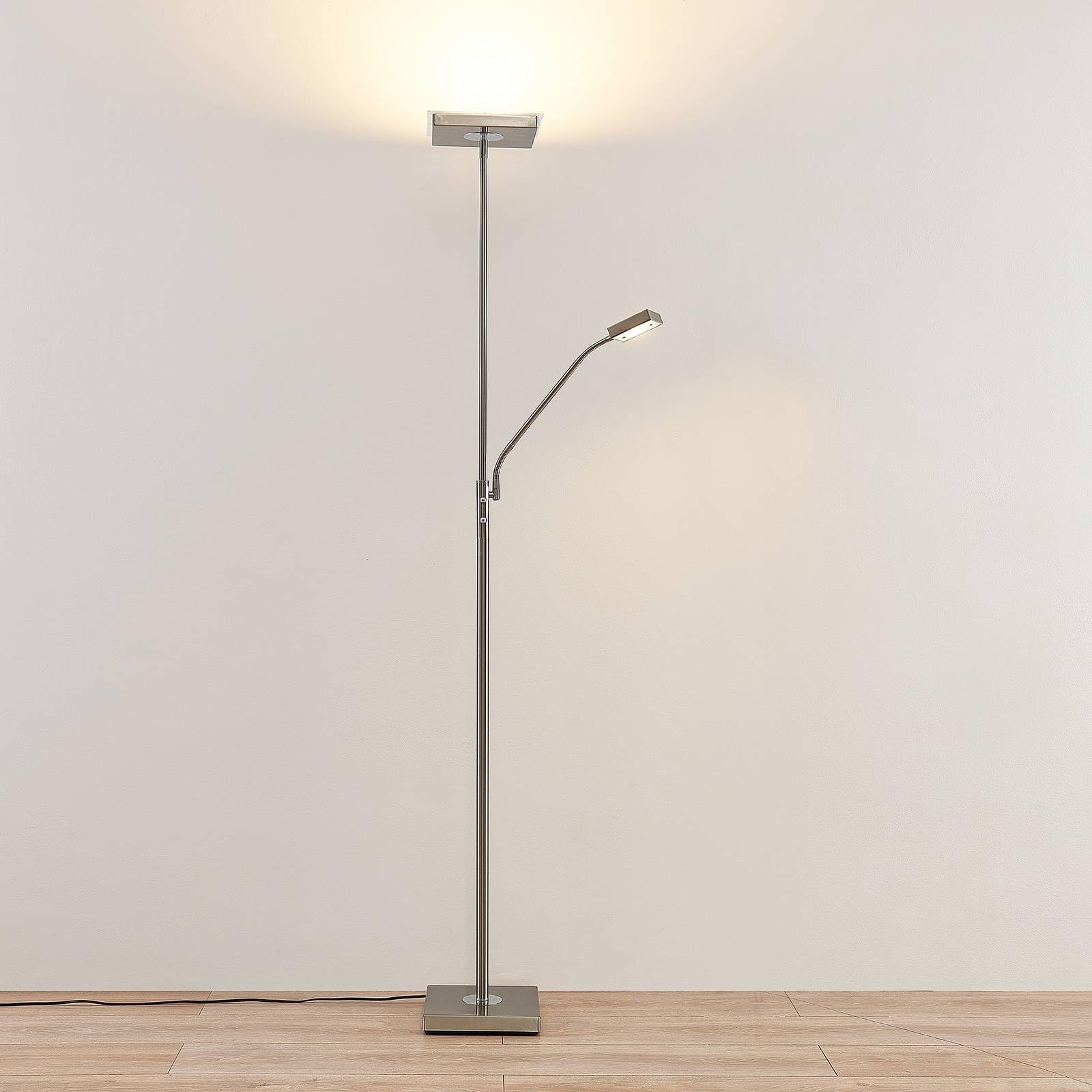 Lindby LED Stehlampe, Deckenfluter dimmbar verstellbarer Lesearm Standleuchte Metall Glas Standlampe Wohnzimmerlampe Leselampe