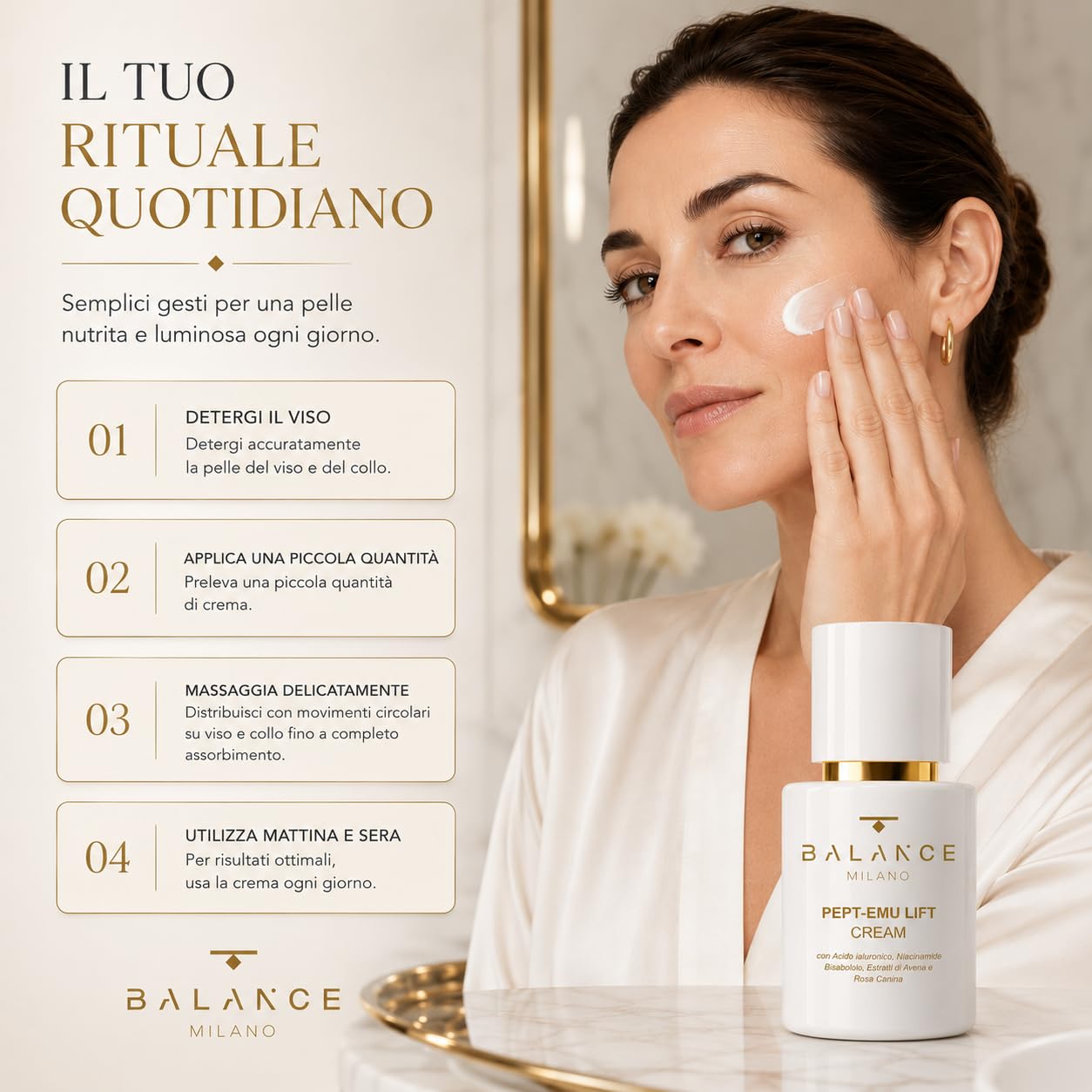 Crema Viso Idratante Acido Ialuronico e Niacinamide - Made in Italy - 50ml | Crema Illuminante Viso Rosa Canina e Avena - Anti Age a Rapido Assorbimento - Tutti Tipi di Pelle - Skin Care BALANCE MILANO