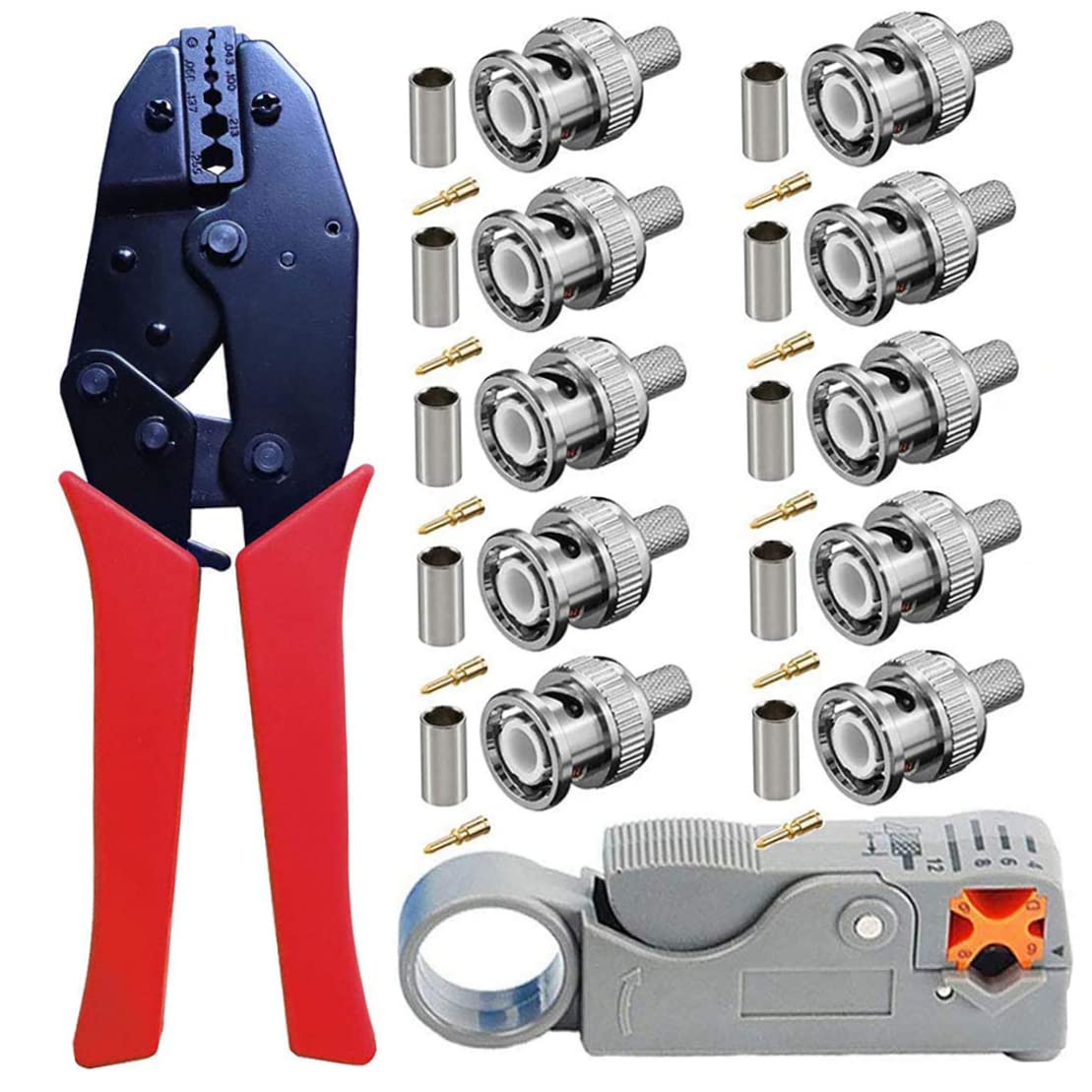 BNC Crimp Tool|BNC Crimp Tool Set Rotary Coaxial Cable Stripper Ratchet Crimper with Male Connectors for RG59 Cable