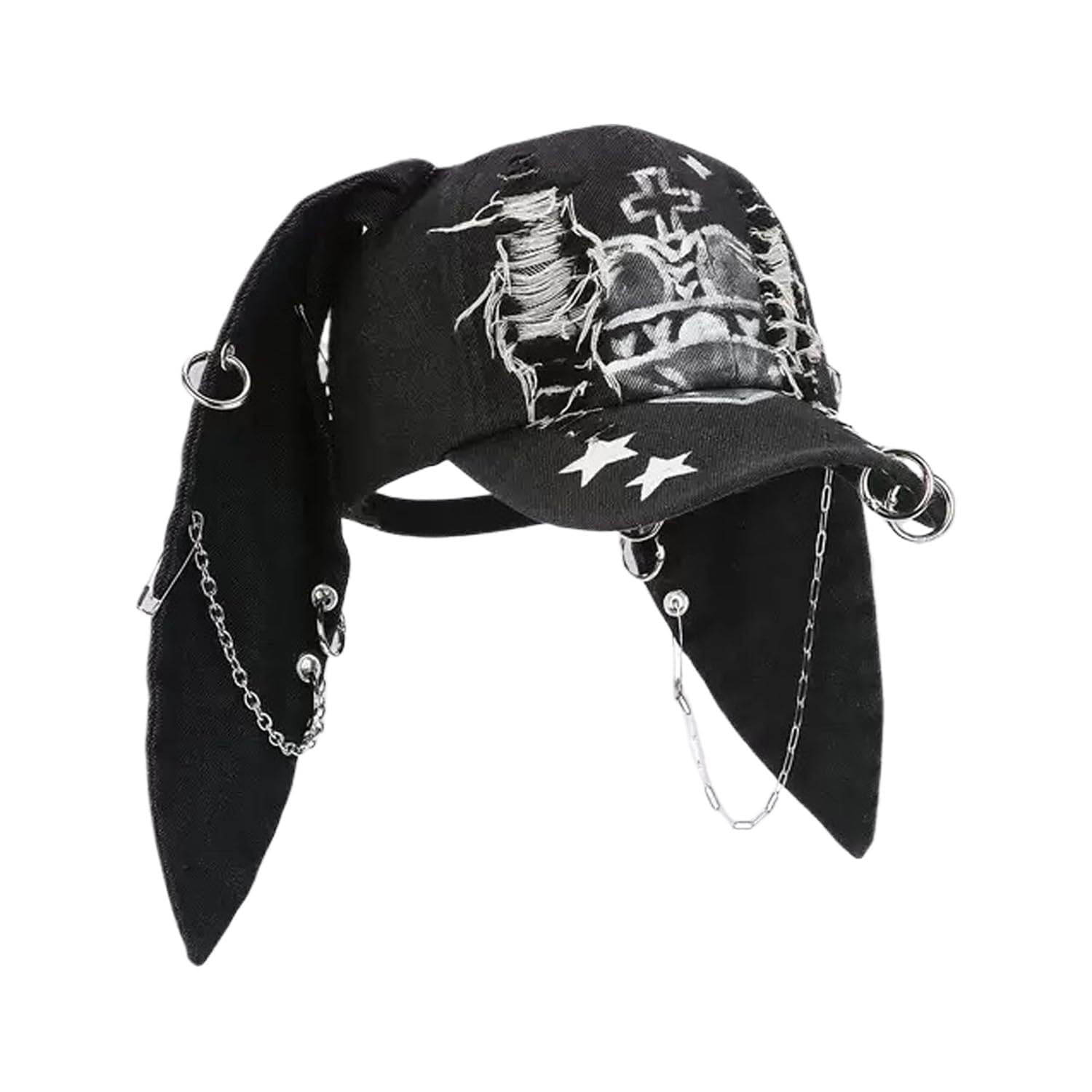 Cynefoa Y2k Grunge Hat Denim Bunny Ear Cap Distressed Baseball Cap Iron Ring Punk Kpop Outfits for Women Accessories Unisex(Black White)