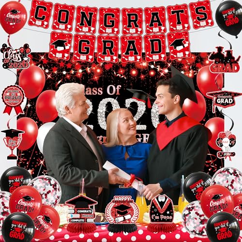 Image of DARUNAXY Black Red Graduation Party Decorations, Red Class of 2026 Graduation Banner, 2026 Congrats Grad Honeycomb Hanging Swirl Confetti Balloon Congratulations Graduates Party Supplies(25PC)
