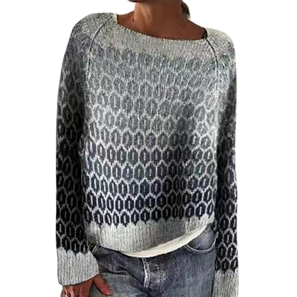 Bengbobar Fair Isle Sweater Womens Pullover Argyle Vintage Winter Fall Casual Boho Knit Tops Crewneck Long Sleeve Blouse