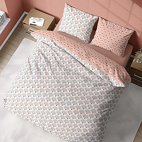 CÔTE DECO Parure de lit avec Housse de Couette 220x240 cm + 2 Taies d'oreiller 63x63cm Parure de lit pour 2 Personnes géométrique Rose 100% Coton Bio*