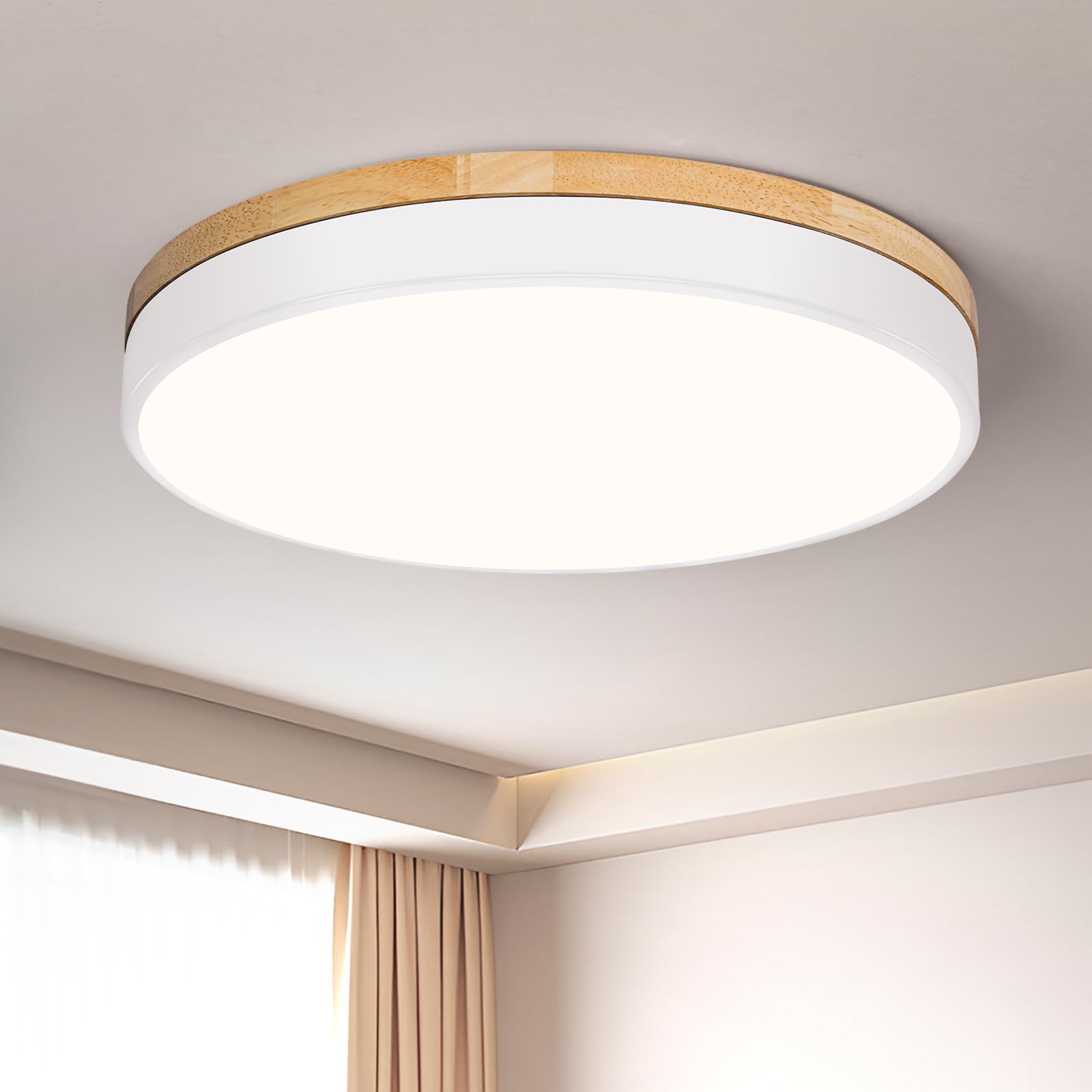 VIOLOEMI Modern Wood White Flush Mount Ceiling Light, 15.74" Round LED Low Profile Close to Ceiling Fixture for Kitchen Bedroom Bathroom Laundry