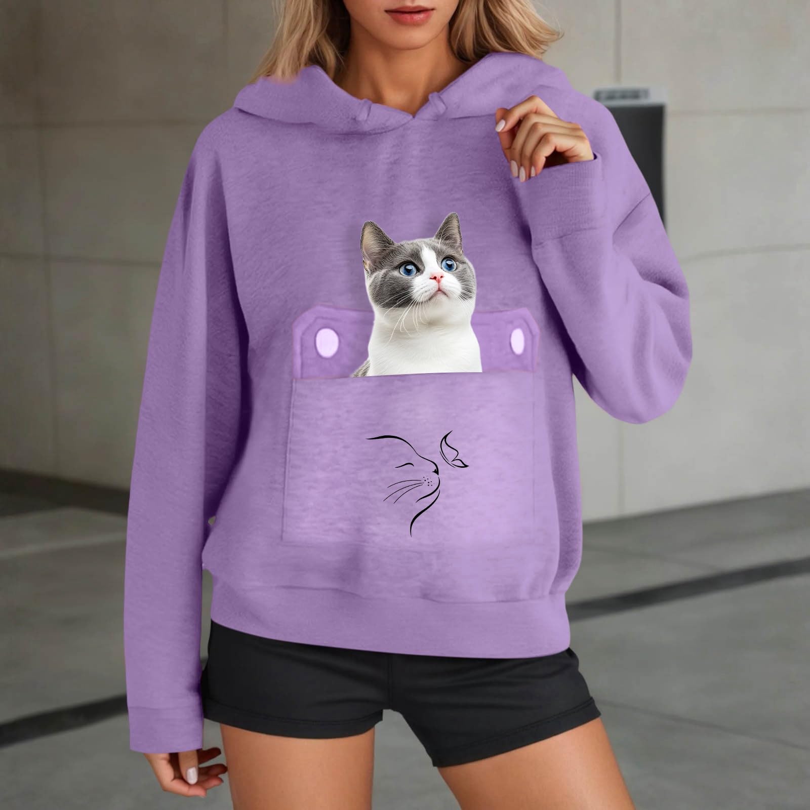 Katzen-Kapuzenpullover für Damen, langärmelig, mit Kapuze, Sweatshirt, mit Kapuze, Hundebeutel, Fleece-gefüttert, Haustier, Tier-Grafik, Winter, Herbst, Buchstaben, Hinterhölzer, Kapuzenpullover