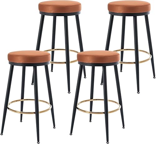 Janoray Juego de 4 taburetes de bar redondos de metal moderno con reposapiés dorado y patas de metal negro, sillas de bar de terciopelo para