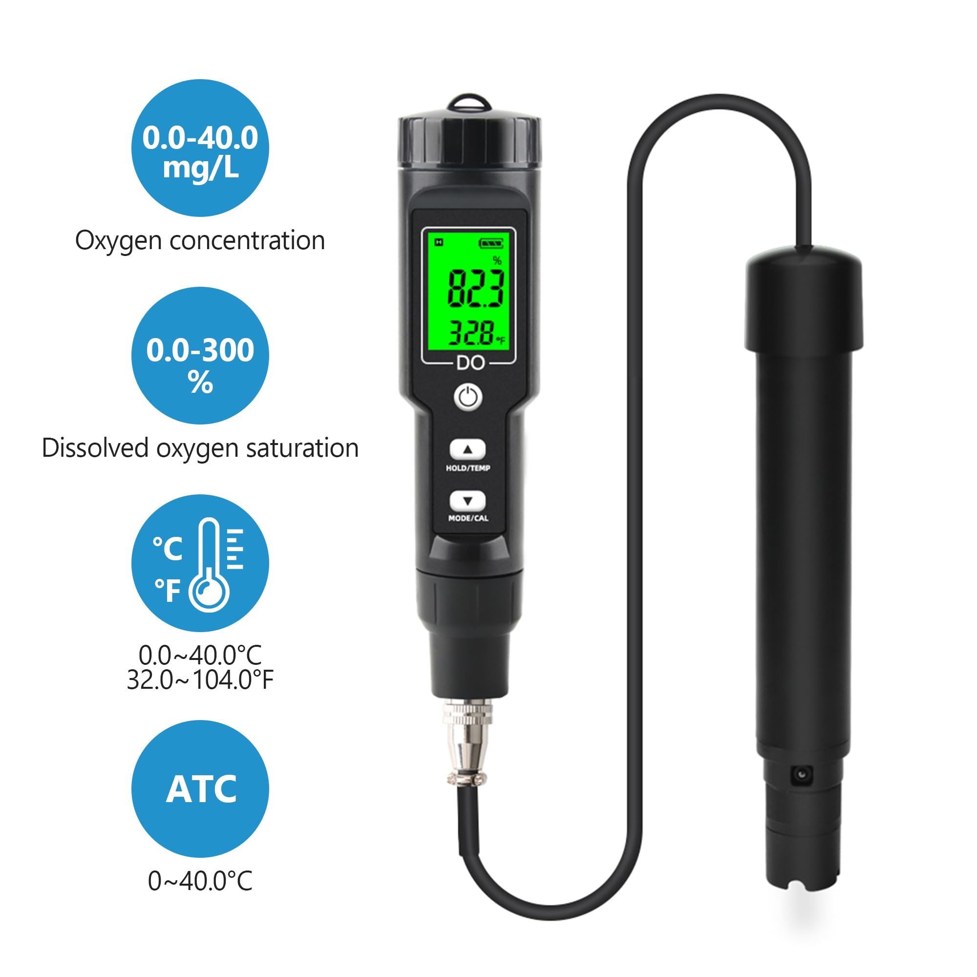 Medidor de oxígeno disuelto con ATC, rango de medición de 0 a 40,00 mg/L, kit de prueba de oxígeno disuelto para estanque, acuario, acuicultura y acuario, dometrio con fluido de llenado de electrodos.
