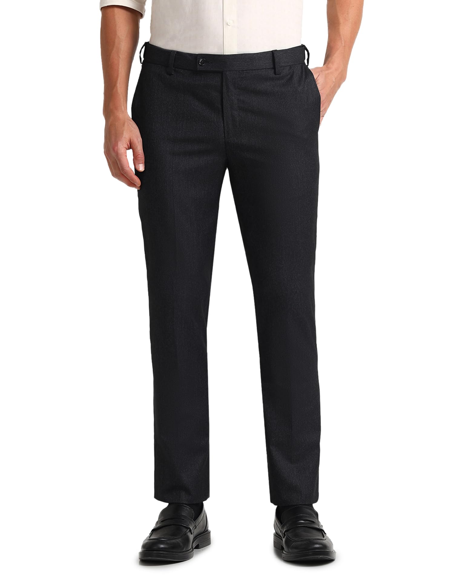 arrow Men's Black Solid Mid Rise Polyester Hook and Eye Tapered Fit Flat Front Slant Pocket Trousers-picture-13