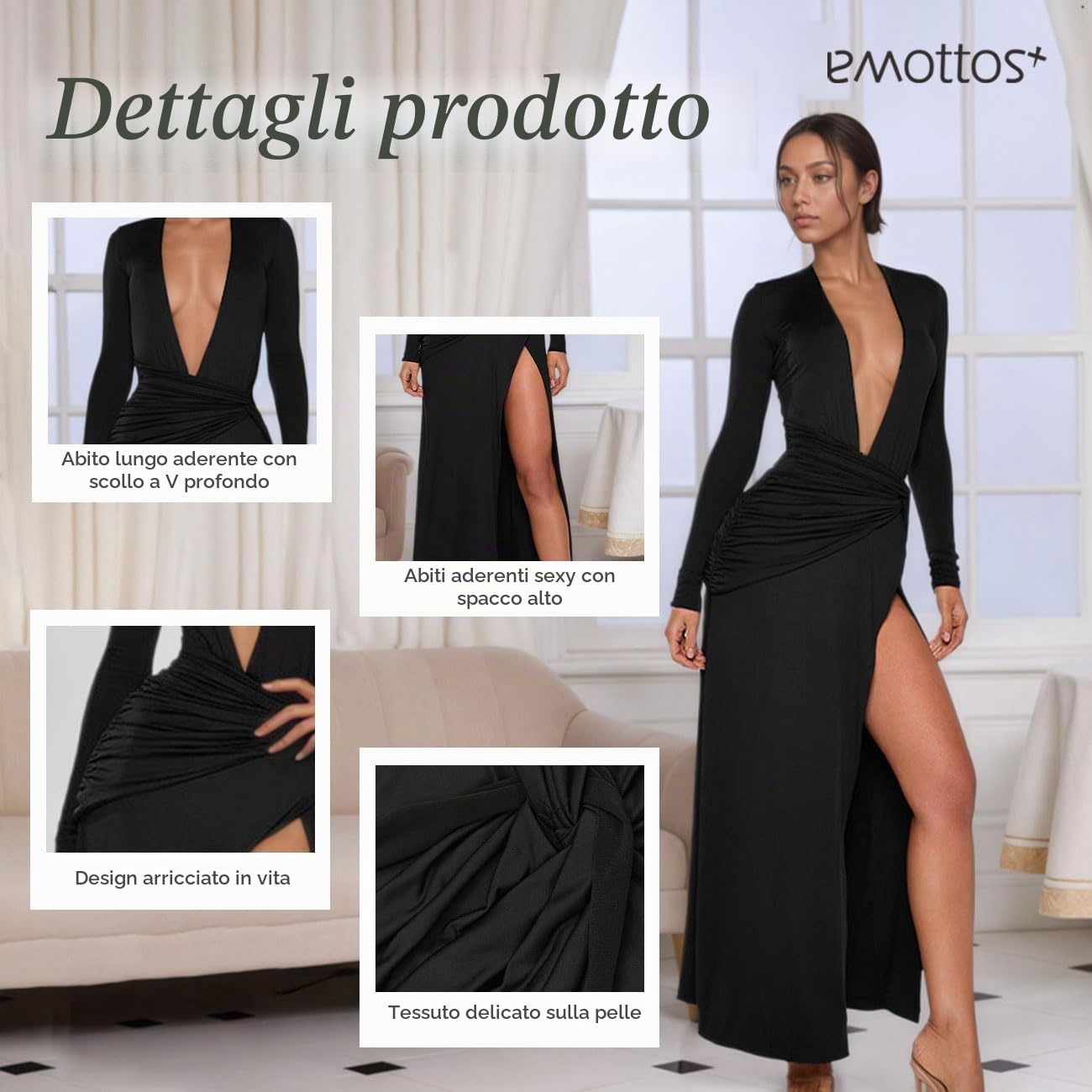 Abito Lungo da Donna con Scollo a V Profondo, Abiti Eleganti Lunghi e Sexy con Maniche Lunghe e Spacco Alto, Abito da Sera Aderente con Vita Arricciata per Serate, Nero, Taglie S-L
