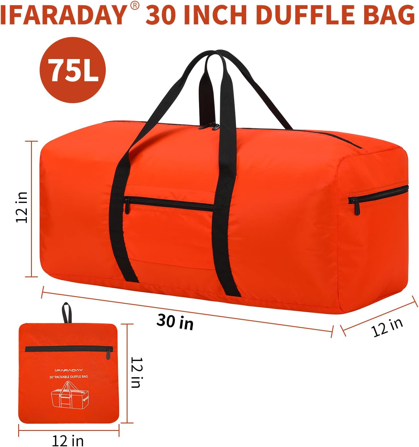 Foldable Duffle Bag for Travel - 75L Large Spare Travel Duffel Bag Lightweight with Trolley Sleeve - Orange - Image 6