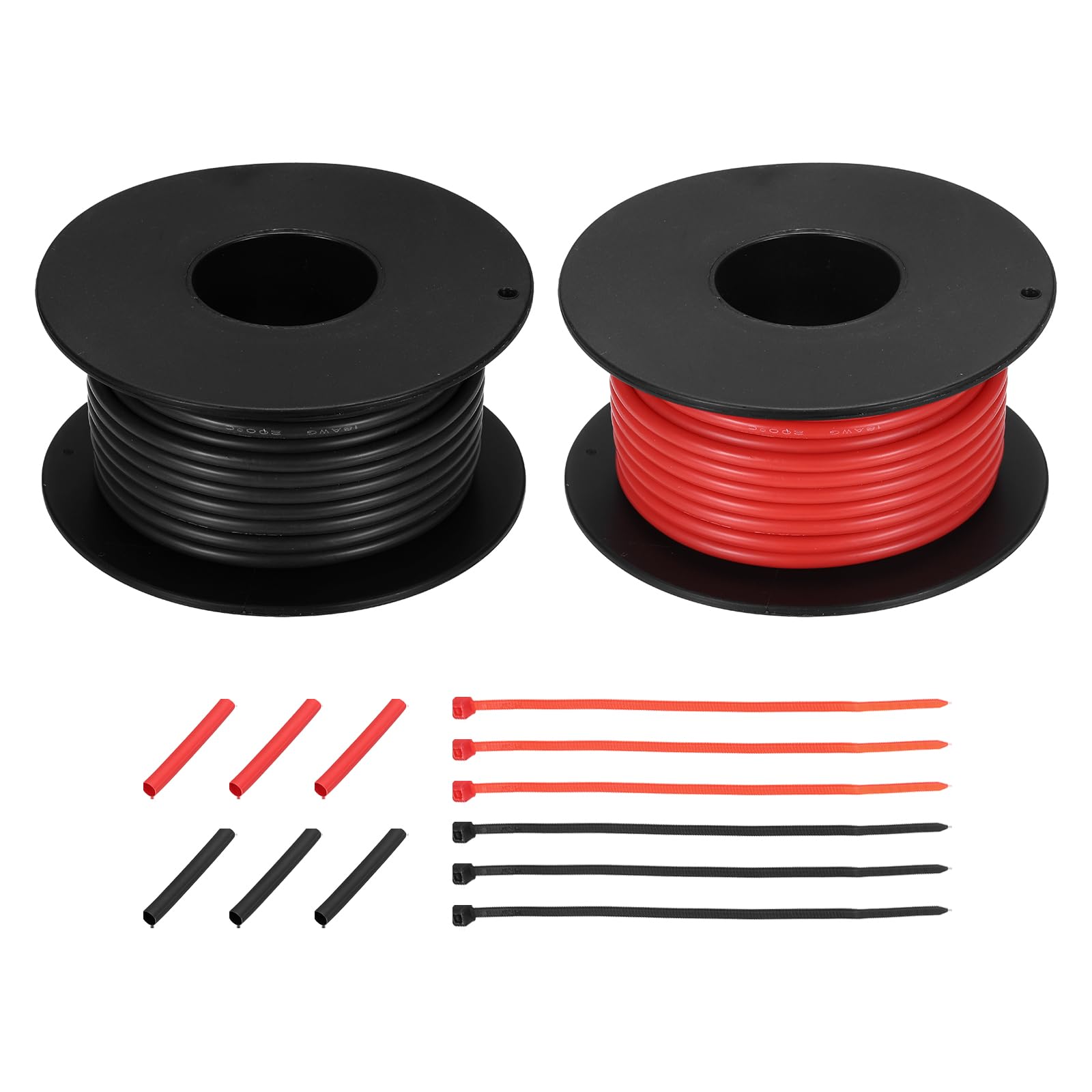 sourcing map 2pcs 18 AWG Silicone Electrical Wire Spool, 18 Gauge 9.1m/30ft Tinned Copper Electrical Wires with Heat Shrink Tubing & Cable Ties for Automotive, RV Inverter - Red & Black