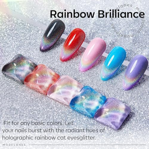 Image of modelones Cat Eye Rainbow Gel Nail Polish Silver Glitter Holographic Glass 9D Cat Eye Gel Polish with Magnet Stick Soak Off U V Nail Lamp Summer Nail Art Top Coat Manicure Salon DIY Home 15 ML