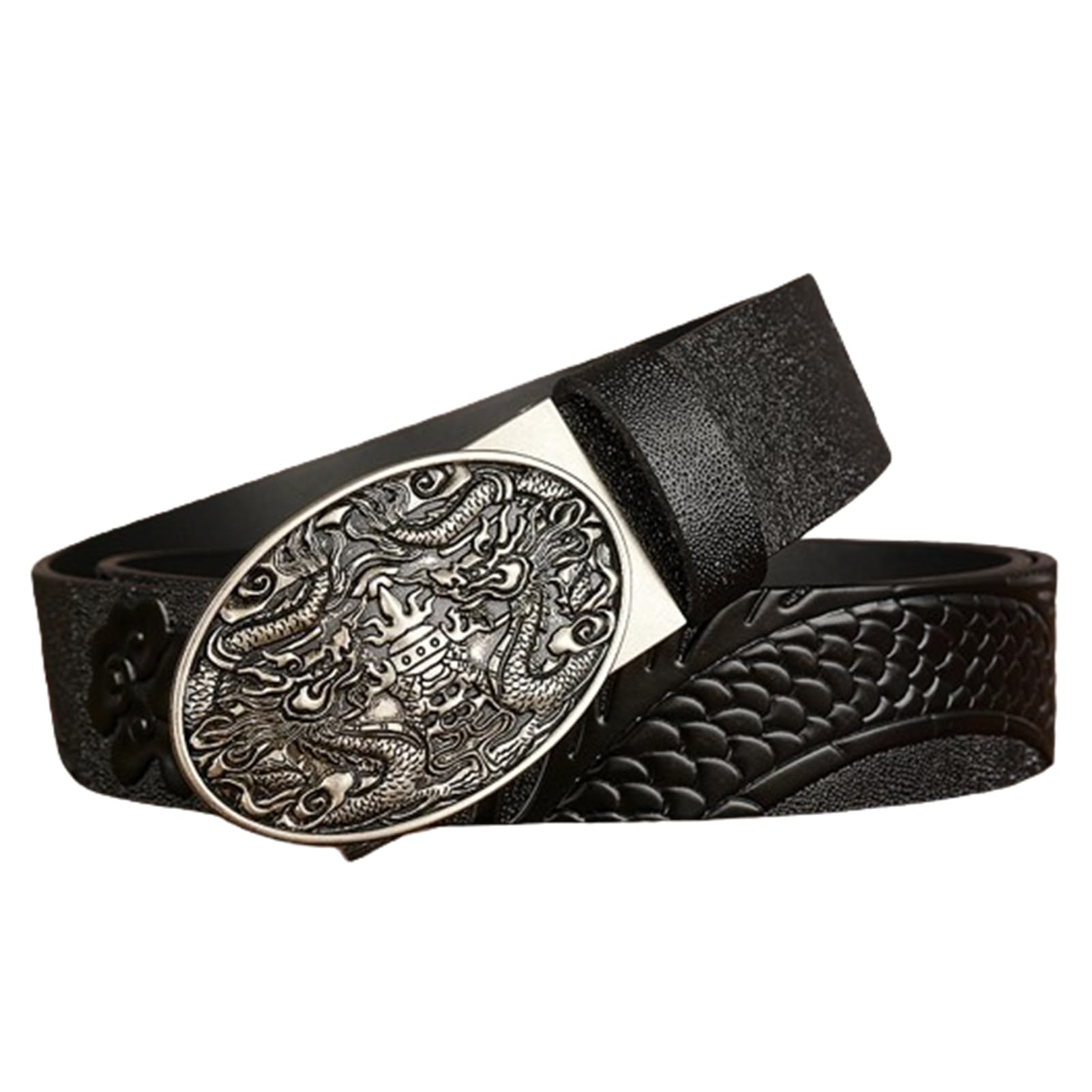Cinturón De Piel Primera Calidad Con Diseño Dragón En Relieve For Hombre, Hebilla Automática Ajustable Y Deslizante For Vestir