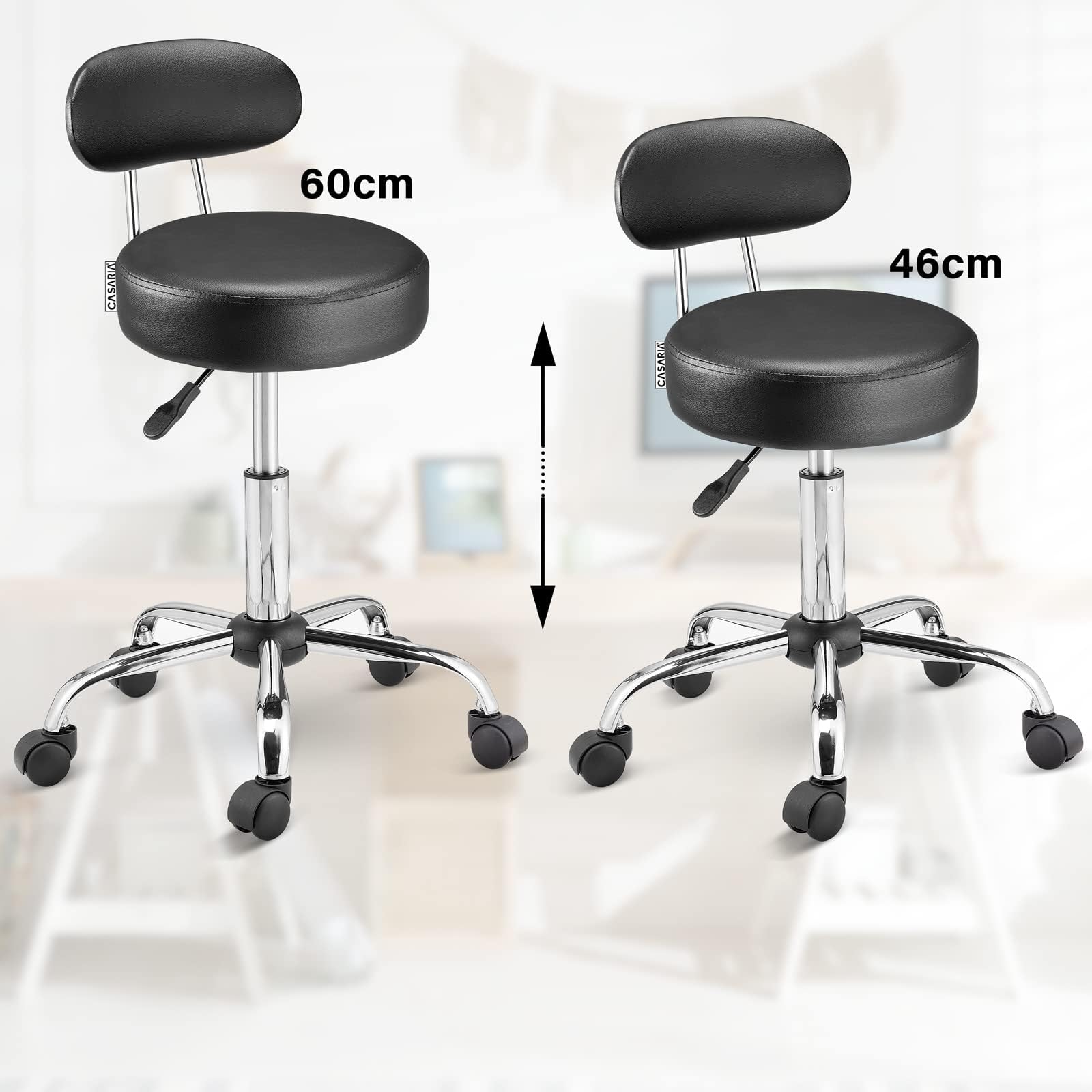 Casaria® Rollhocker mit Lehne Höhenverstellbar 10cm Polsterung 360°C Drehbar 46-60cm Sitzhöhe Küche Bürohocker Drehhocker Arbeitshocker Hocker Schwarz