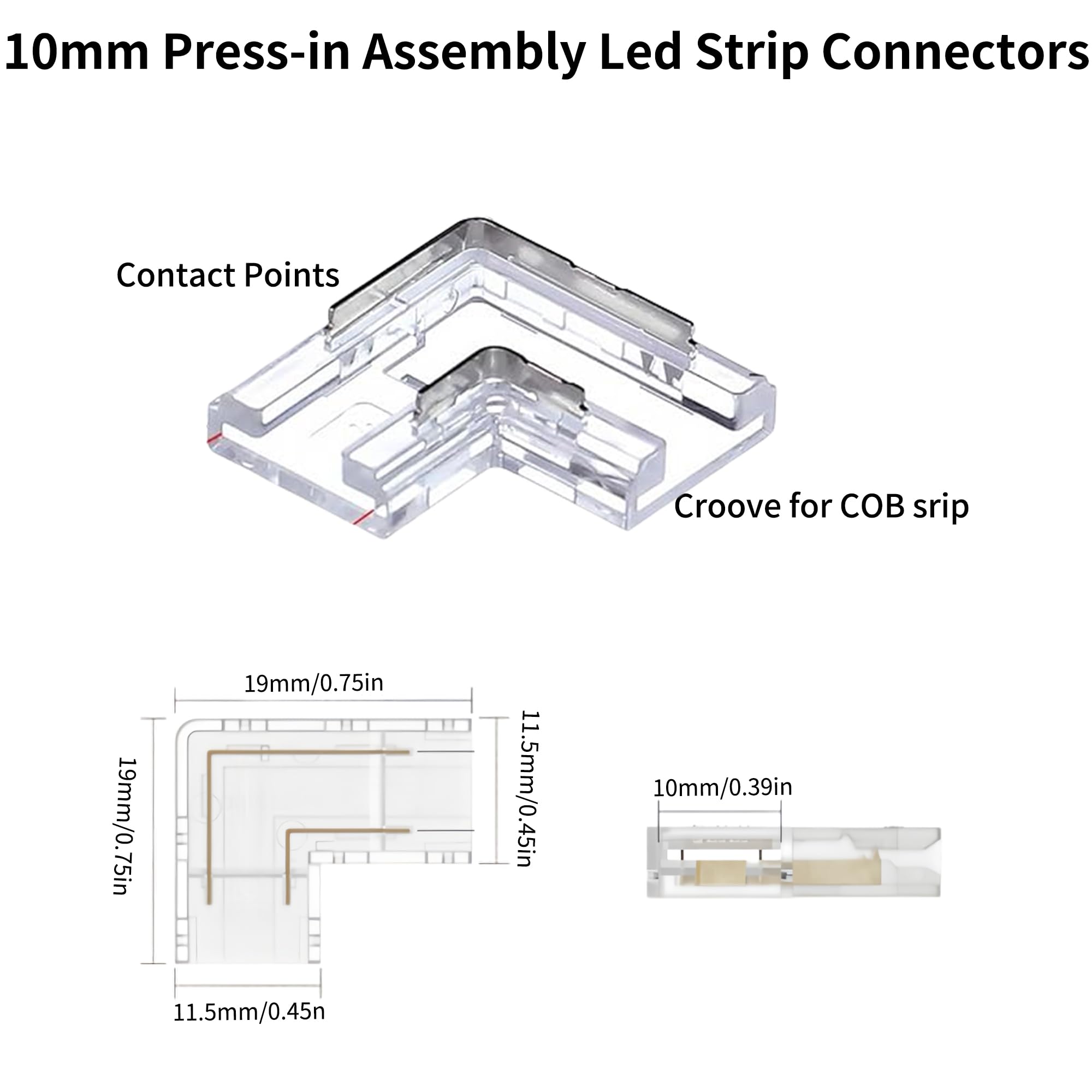 Clearhill 10mm 2Pin 10 Packs L-Shape Press-in Assembly COB Led Strip Connectors,Ultra Slim,90°Right Angle Corner Joints for Single Color 5V/12V/24V Light Strips,Transparent Terminal,Safe Connection - Image 2