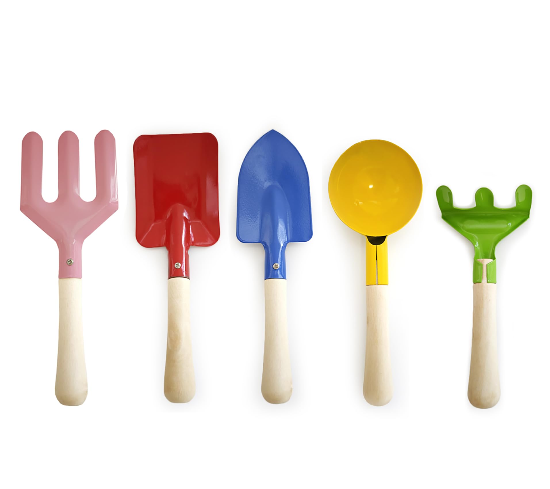 Beach Toys for Kids, 5 Piece Sand Toys for Kids, Sand Pit Toys Spade Beach Set Made of Metal with Sturdy Wooden Handle Sand Spade, Fork, Trowel, Spoon & Rake for Kids