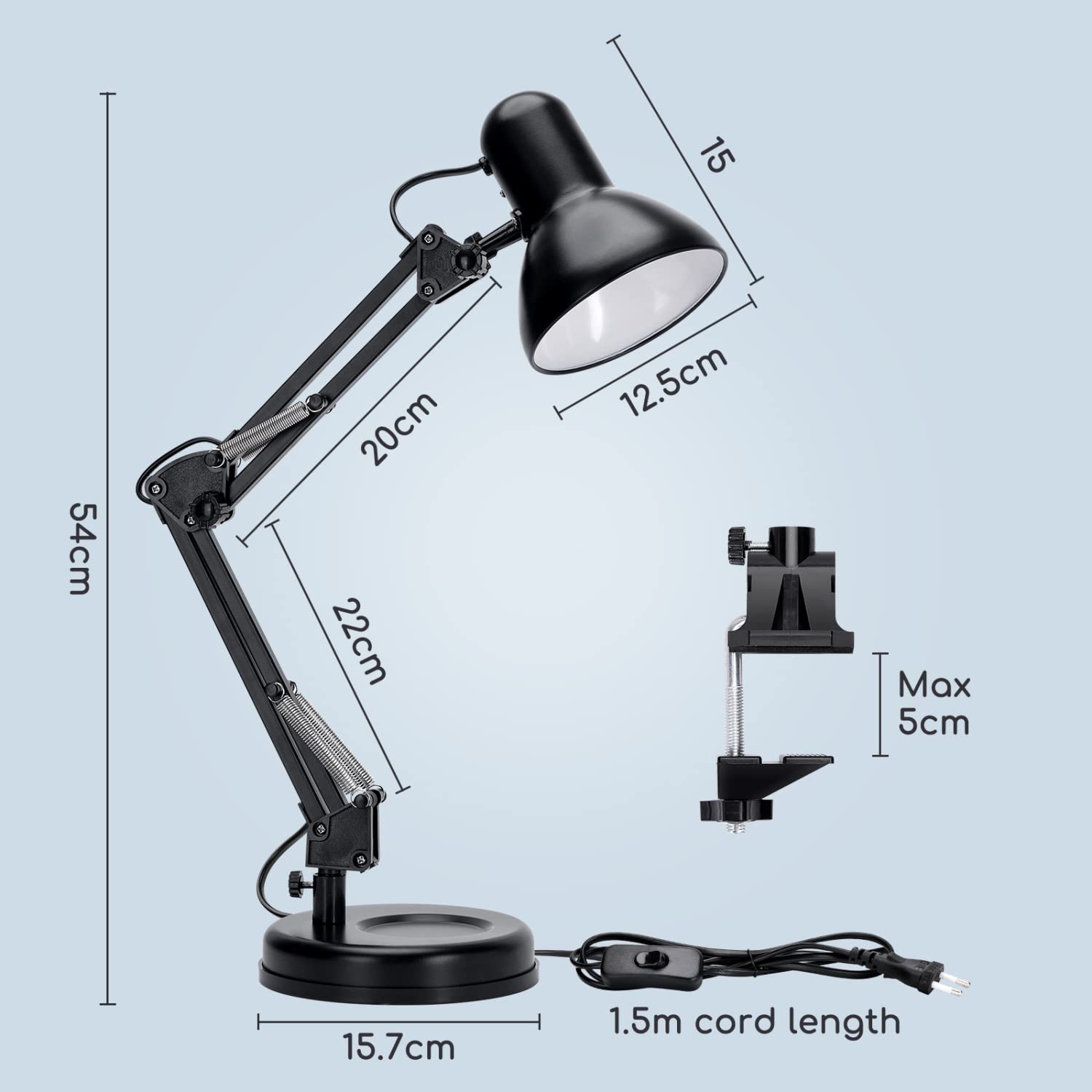 Aigostar Lámpara de Escritorio E27, Flexo Lamparas de Mesita de Noche con Base y Abrazadera, Brazo articulado de metal, Lámpara de Mesa Ajustable para Oficina, Sala, Estudio y Dormitorio - Negro
