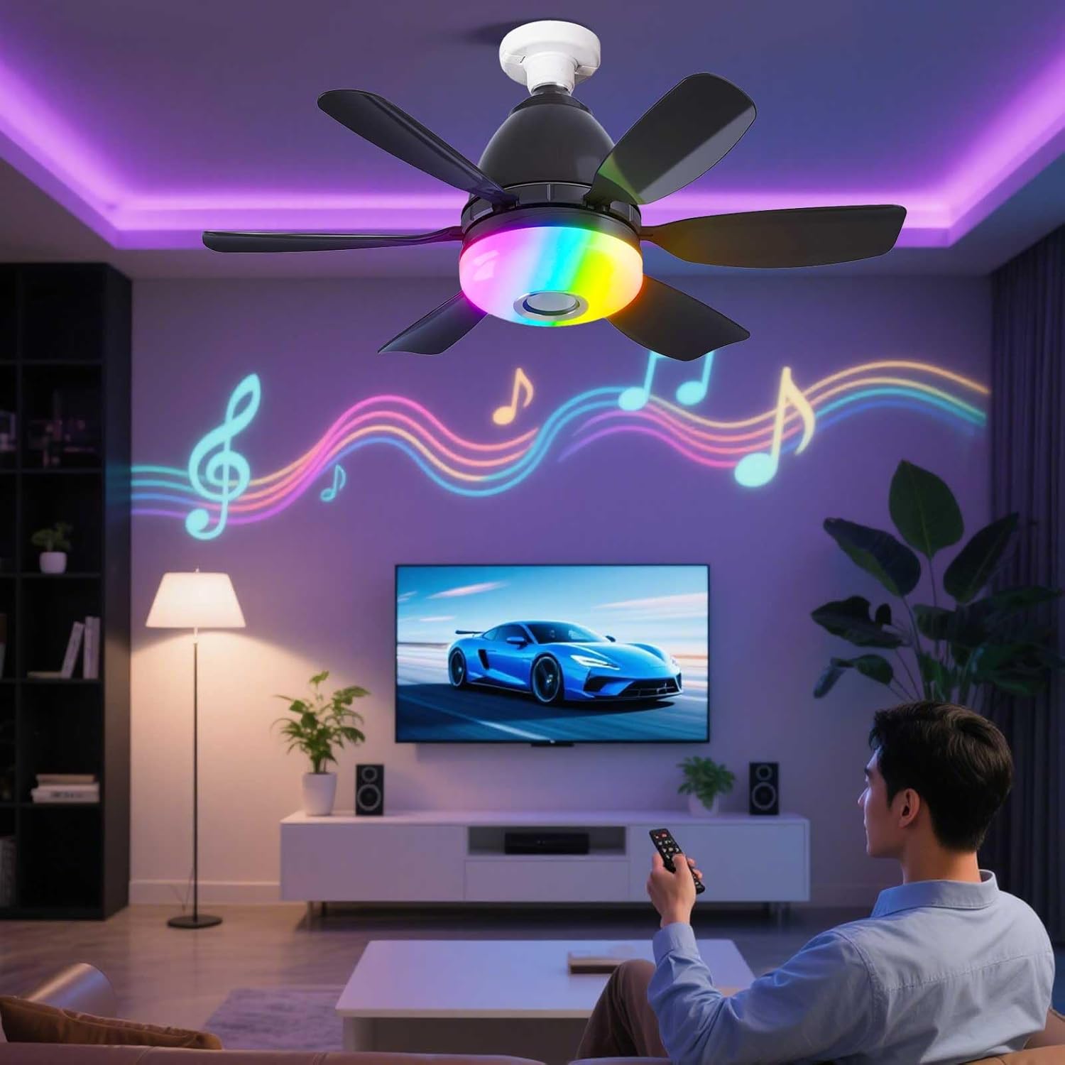 Socket Fan Light with RGB and Speaker, 20-Inch Small Screw in Ceiling Fans with Lights and Remote, Smart Timing Dimmable 3 Colors, E26 Base Ceiling Fan for Bedroom Kitchen Garage