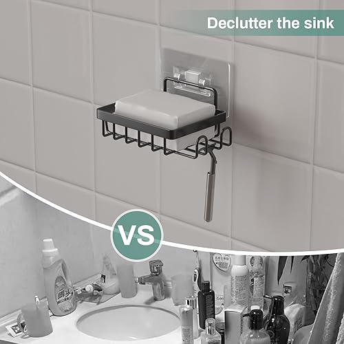 Miniatura 3 de Gaclibl Soporte adhesivo para barra de jabón para pared de ducha, contenedor de jabonera autodrenante con 2 ganchos para esponja de afeitar de acero