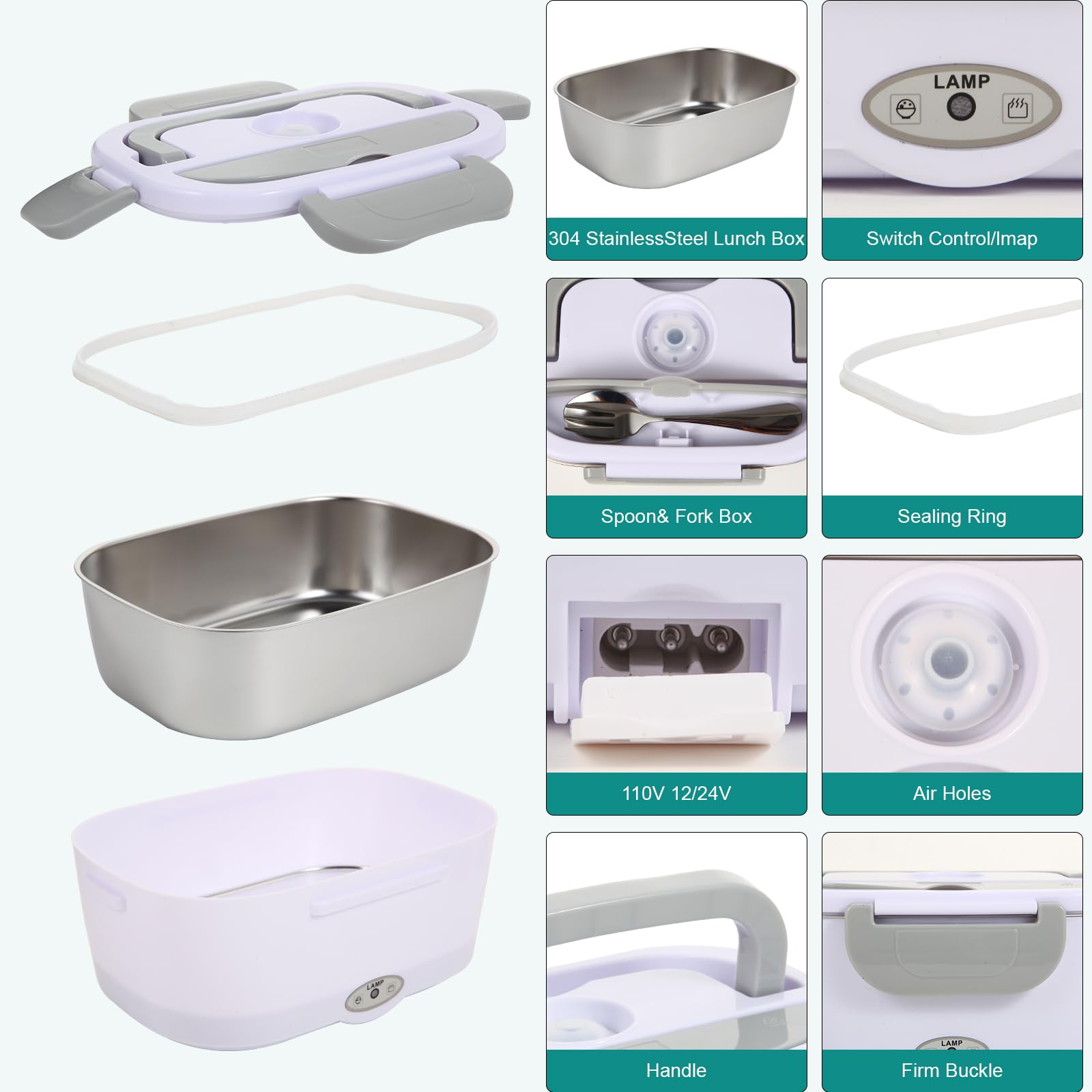 SOHIDA Fiambrera eléctrica para alimentos, color blanco | 80 W, 12 V, 24 V, 110 V, portátil para el trabajo de coche, camión, contenedor extraíble de acero inoxidable 304