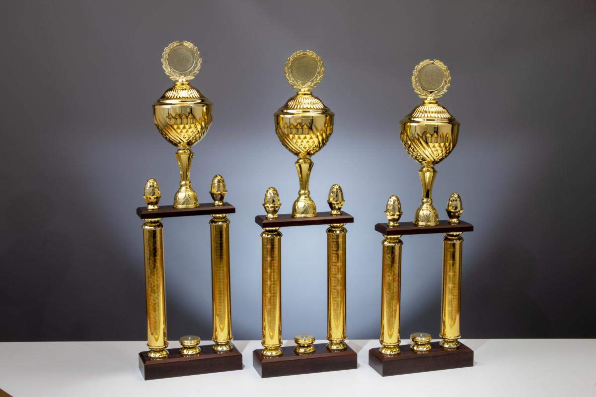 · Säulen Pokal Serie Dakota, Gold, mit Wunschtext, individuellem Motiv-Emblem, wählbar in 3 Größen, oder als 3er-Serie
