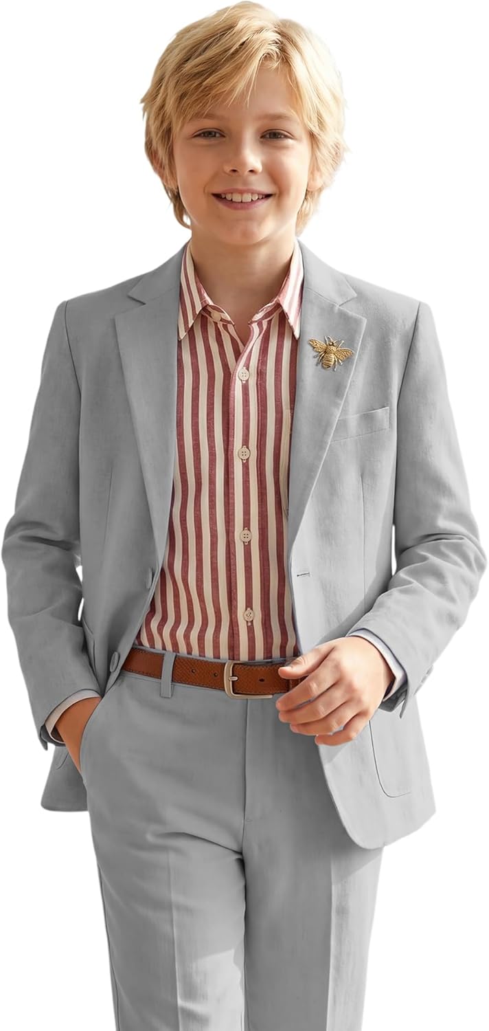 Boys Linen Suits Casual 2 Piece Kids Linen Suits for Boys Beach Wedding Outfit Summer Boy Suit Slim Fit Jacket Pant