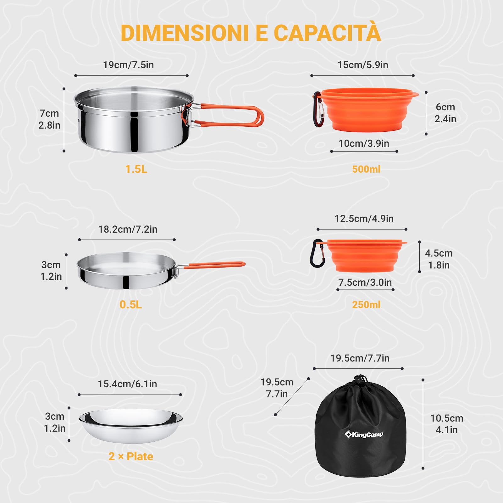 KingCamp Set di pentole da Campeggio, stoviglie da Campeggio in Acciaio Inox, Leggero e Portatile, Include pentola, Padella, Posate, Piatti e Ciotole, Set Pieghevole Ultraleggero