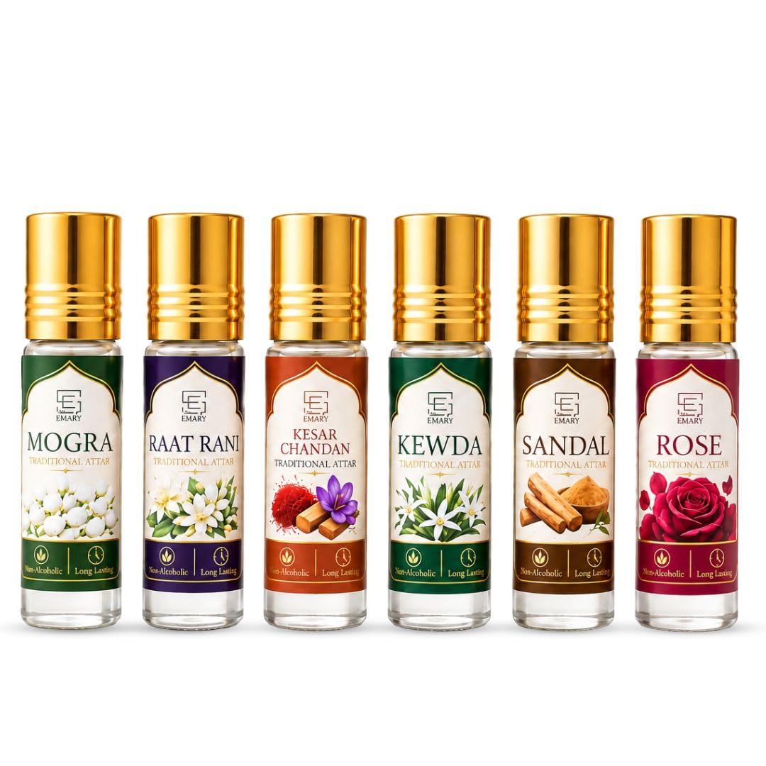 House of Emary Traditional Attar Gift Set Pack of 6 | Mogra, Raat Rani, Kesar Chandan, Kewda, Sandal & Rose Attar | Premium Non Alcoholic Long Lasting Perfume Oil for Men & Women-image-9