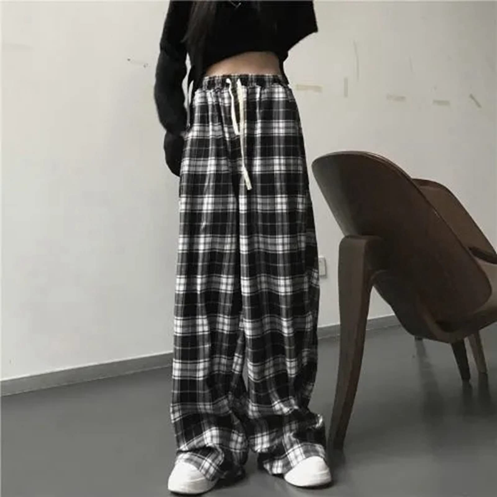 TRUEVIRON-C Black and White Plaid Pants Oversize Women Casual Loose Wide Leg Trousers Retro Teen Straight Trousers Hiphop