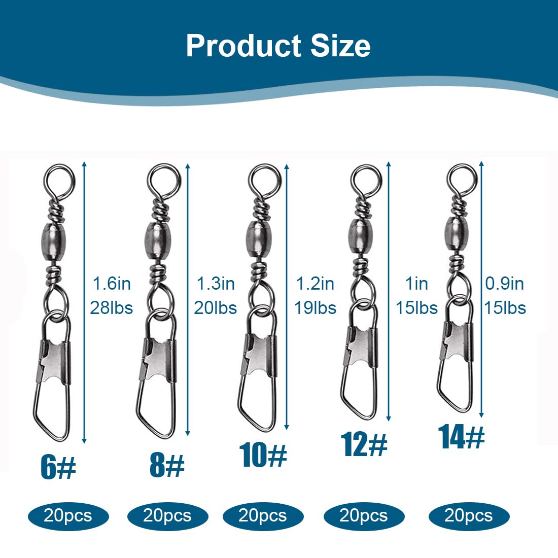 Girelle da pesca trota pesca in acciaio inox con moschettone, 100 Pezzi Anelli Solidi con Moschettone per Connettori Clip Girevoli, Girelle Canna da Pesca, 6 8 10 12 14#
