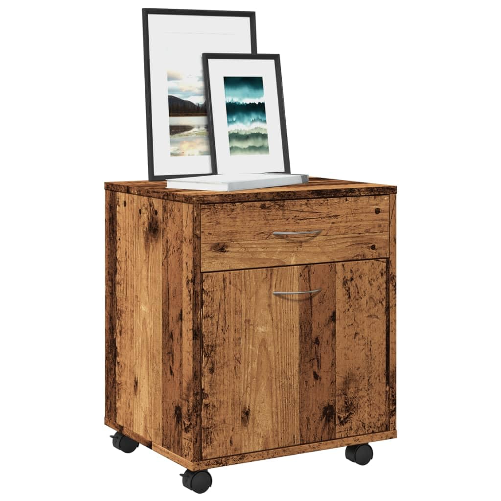 Cassettiera con rotelle, effetto legno anticato, 45 x 38 x 54 cm, con cassetto, vano portaoggetti e armadietto, ideale come armadietto per documenti, ufficio, soggiorno, camera da letto