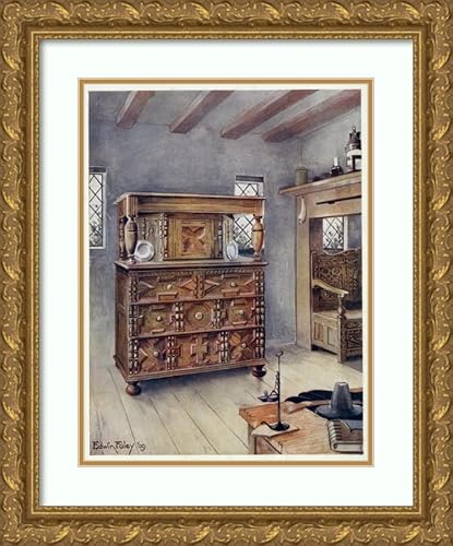 ArtDirect Edwin Foley 15x18 Gold Ornate Frame and Double Matted Museum Art Print Titled - The Putnam Cupboard of English Oak and Cedar, Carved Settle of American Oak (1910-1911)