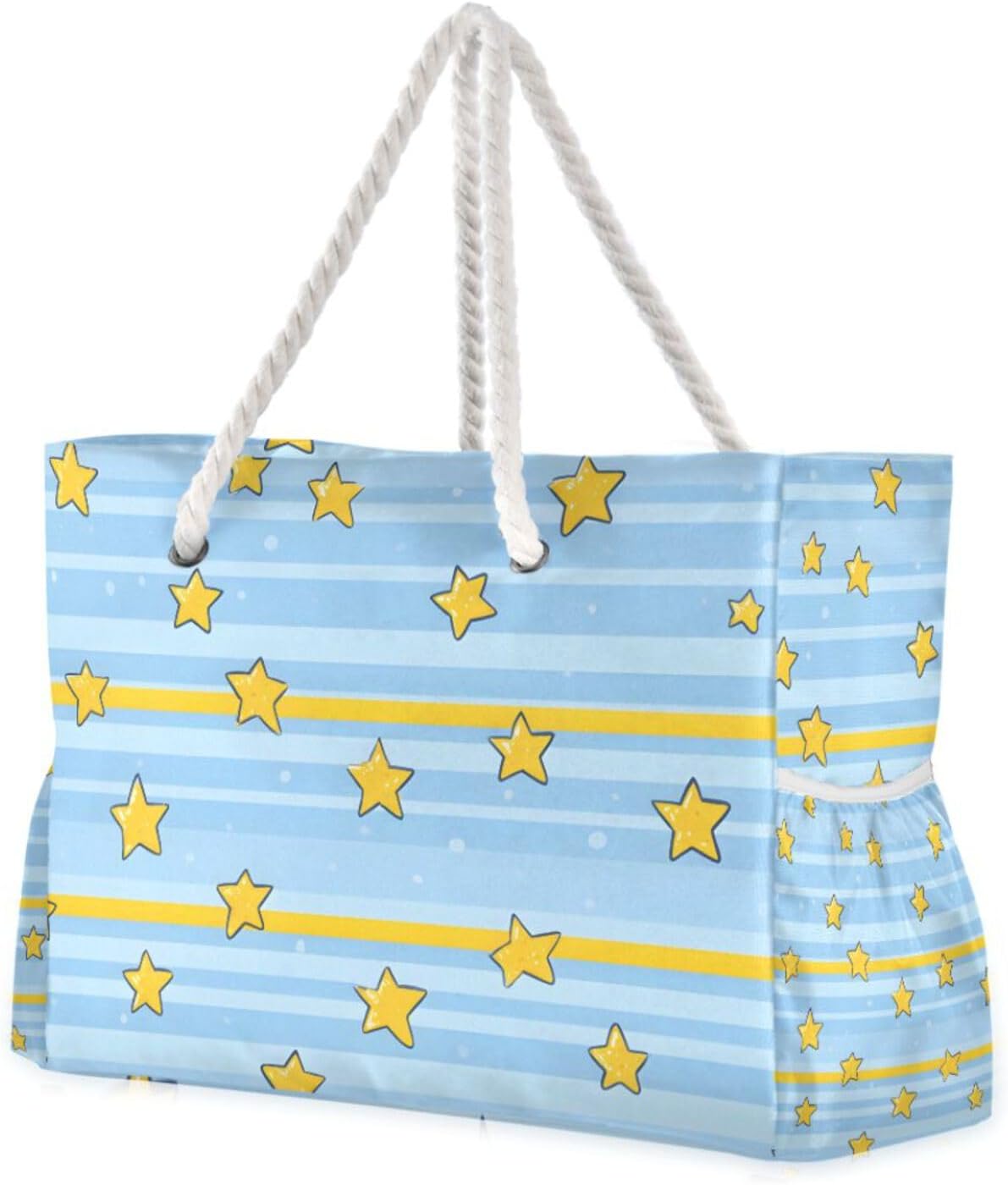 OTVEE Bright Yellow Star Print Beach Bags for Women Ladies Large Canvas Tote Shoulder Bag Waterproof Travel Bags for Gym Swim Pool Camping